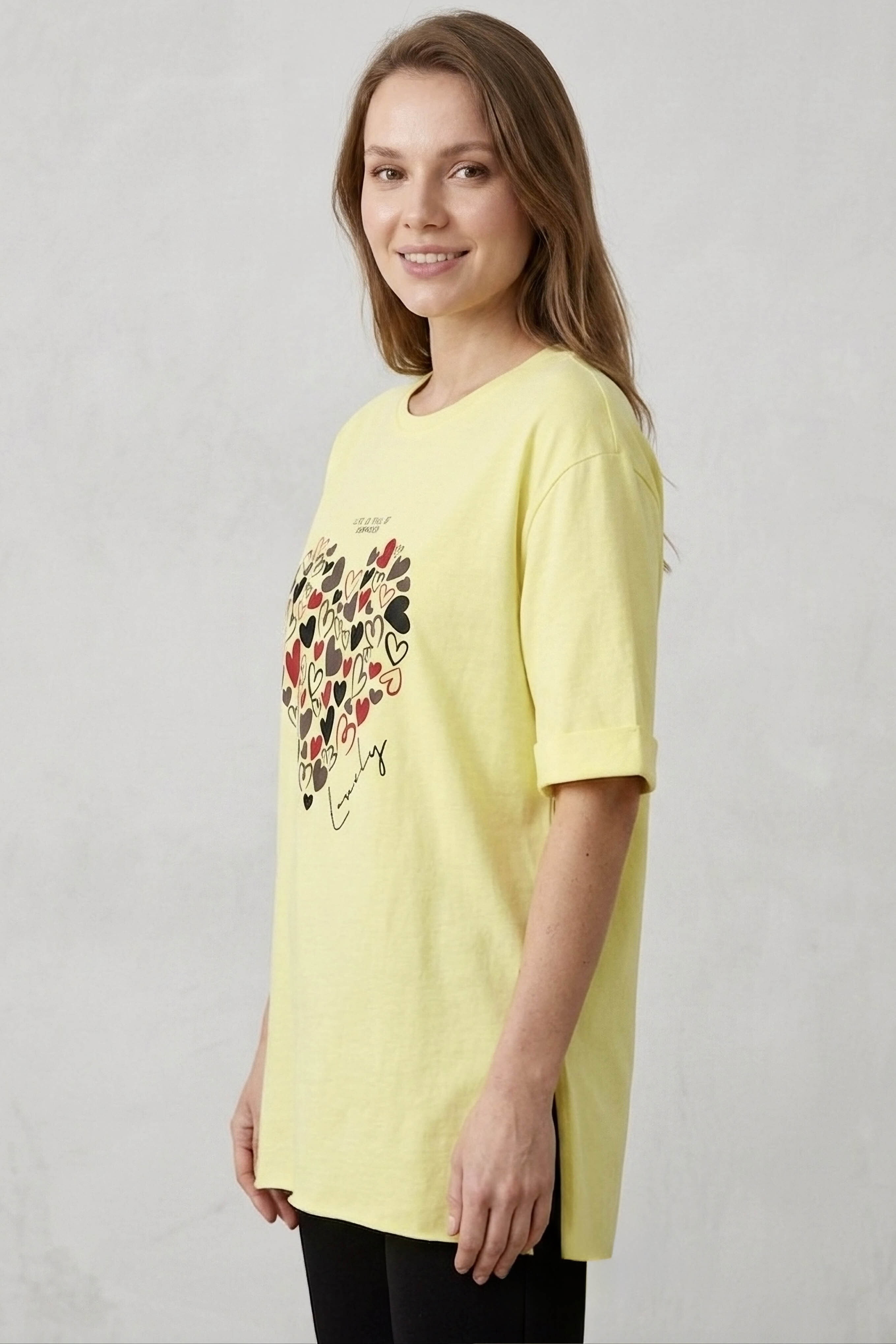 Yırtmaçlı Baskılı Kısa Kollu Tunik Sari - 1321-SARI - 2