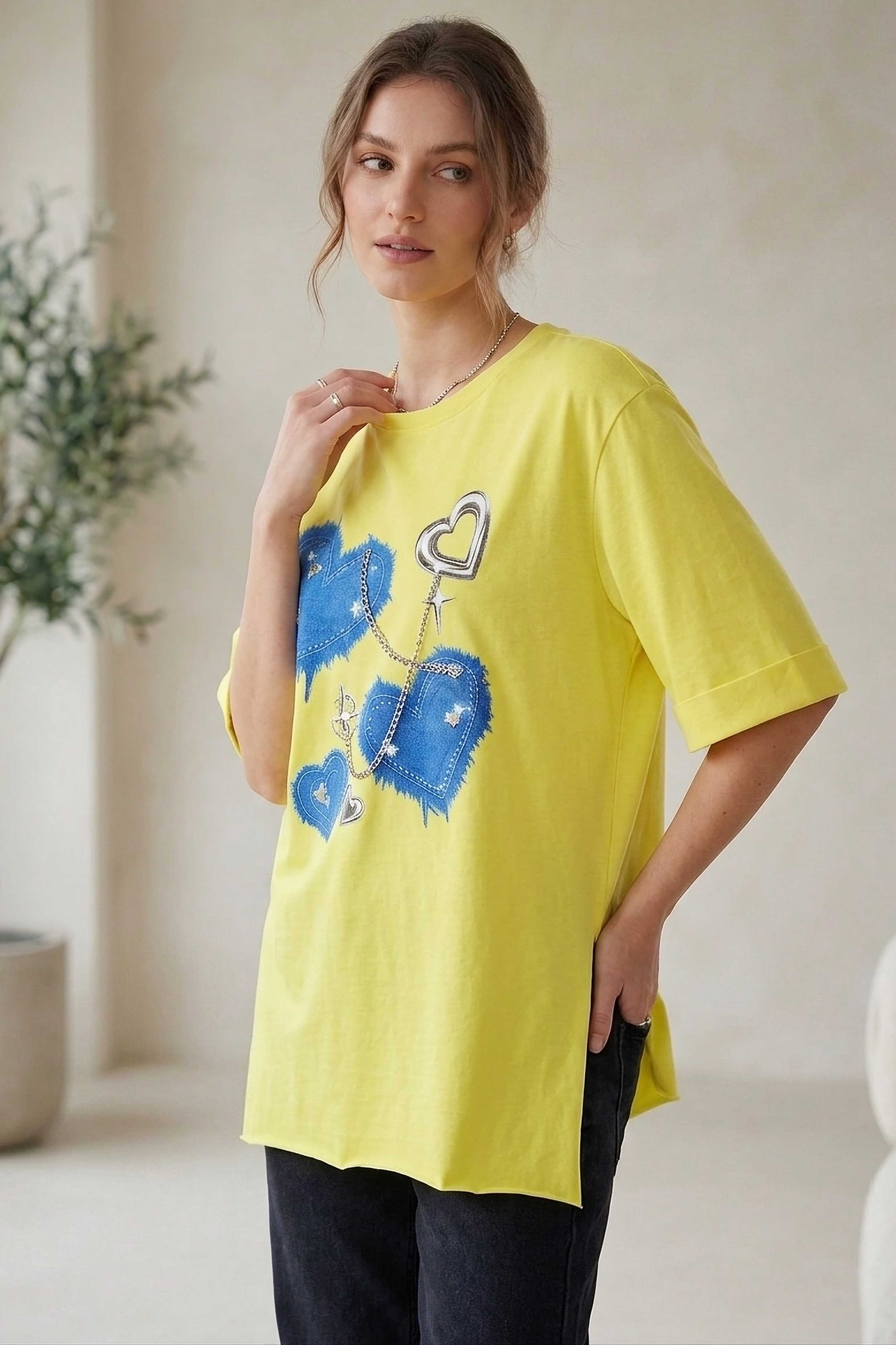 Yırtmaçlı Baskılı Kısa Kollu Tunik Sari - 1322-SARI - 1
