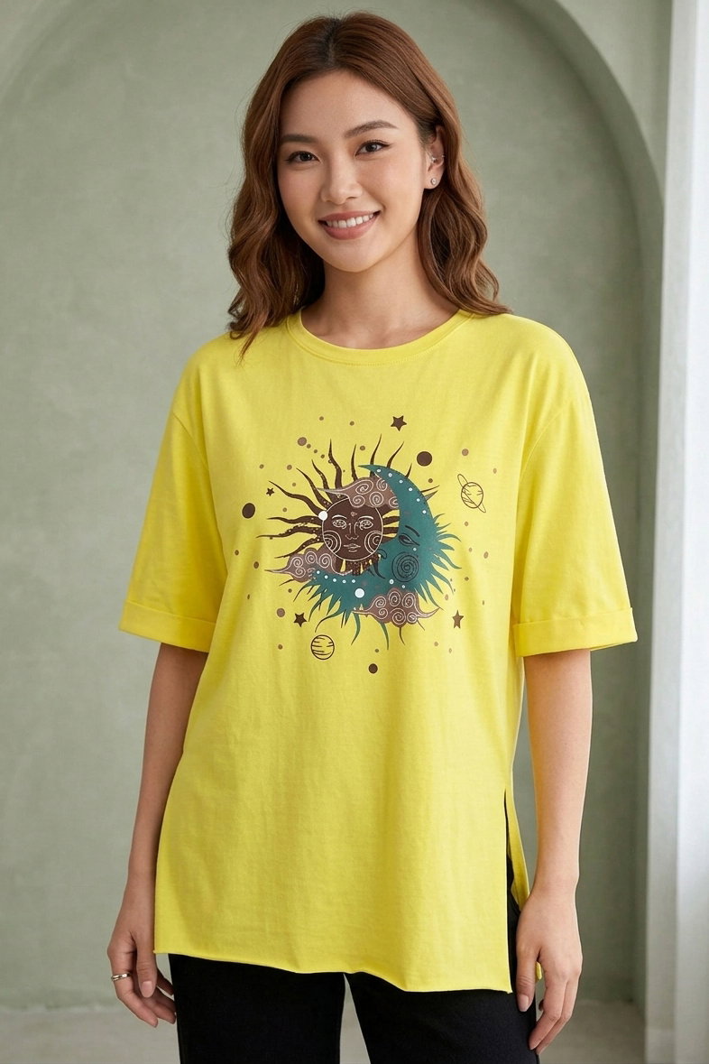 Yırtmaçlı Baskılı Kısa Kollu Tunik Sari - 1323-SARI - 2