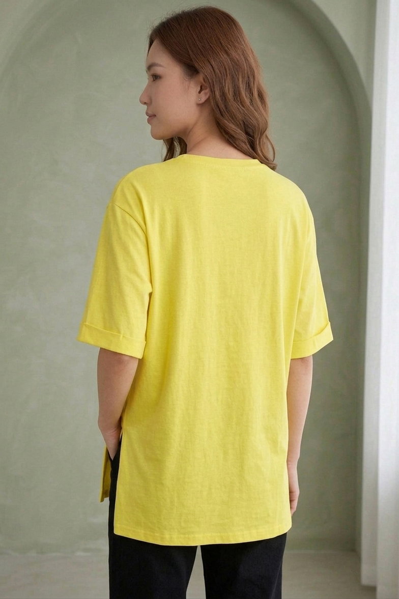 Yırtmaçlı Baskılı Kısa Kollu Tunik Sari - 1323-SARI - 3