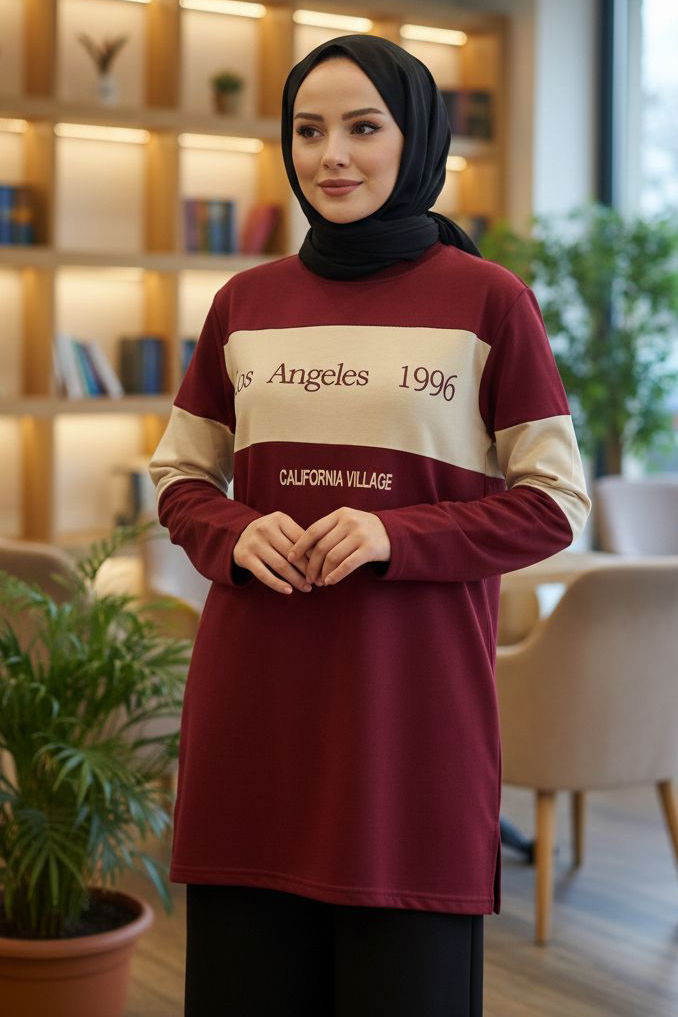 Yırtmaçlı Baskılı Tunik - 2073-BORDO - 1