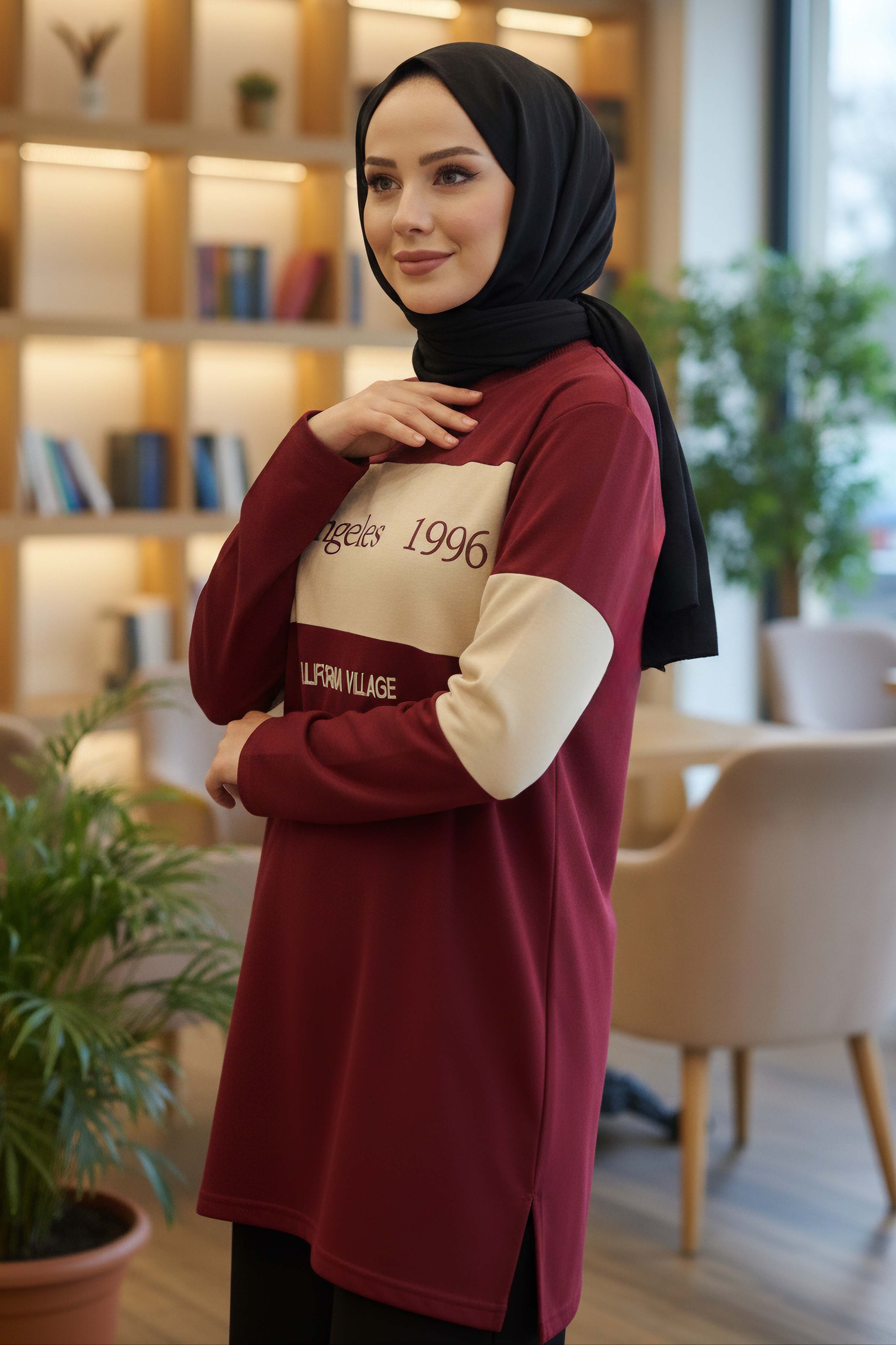 Yırtmaçlı Baskılı Tunik - 2073-BORDO - 2