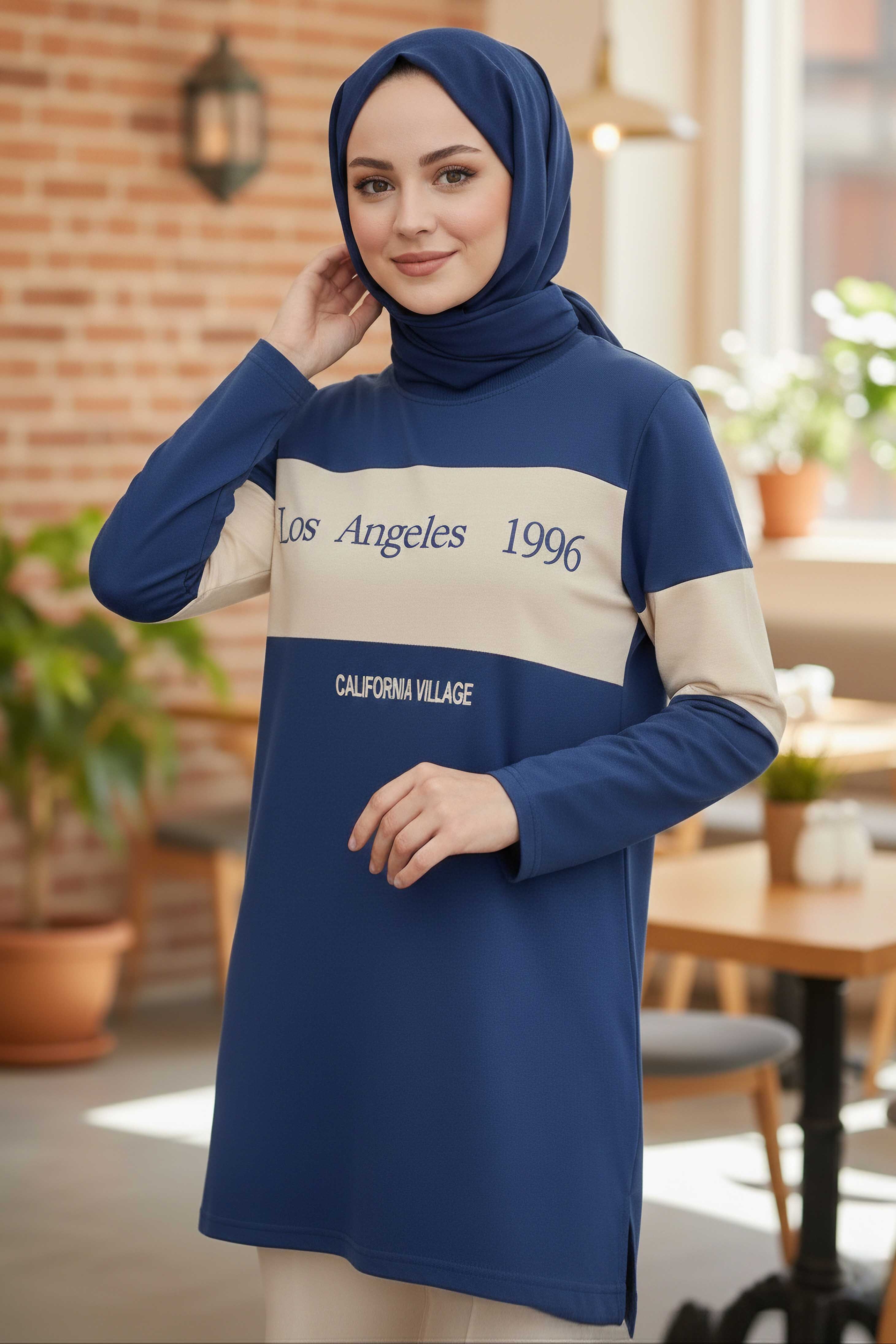 Yırtmaçlı Baskılı Tunik - 2073-INDIGO - 1