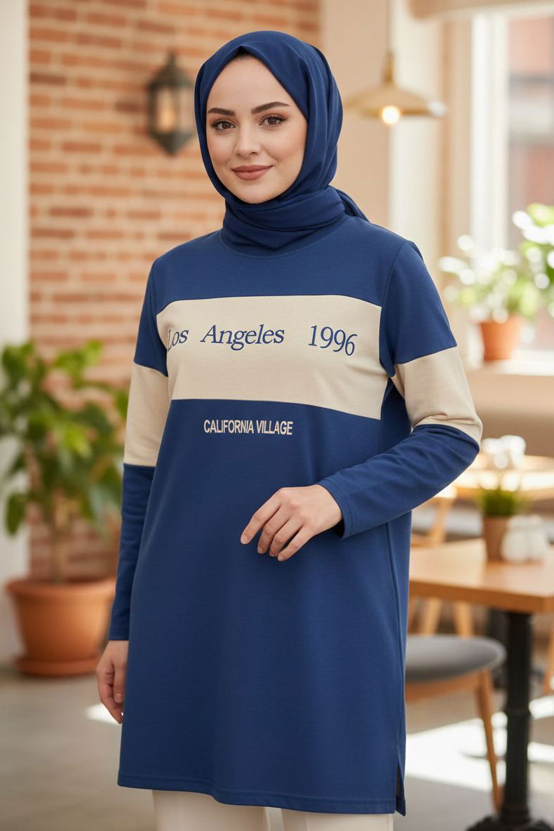 Yırtmaçlı Baskılı Tunik - 2073-INDIGO - 2