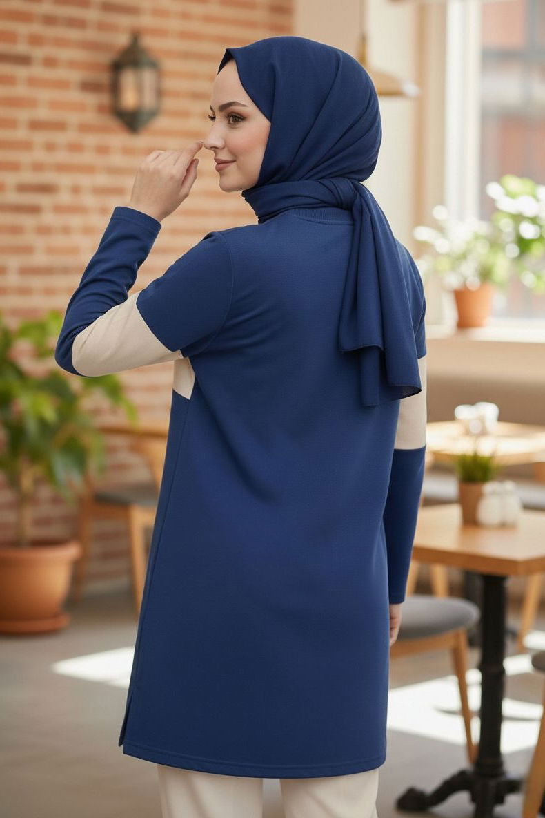 Yırtmaçlı Baskılı Tunik - 2073-INDIGO - 3