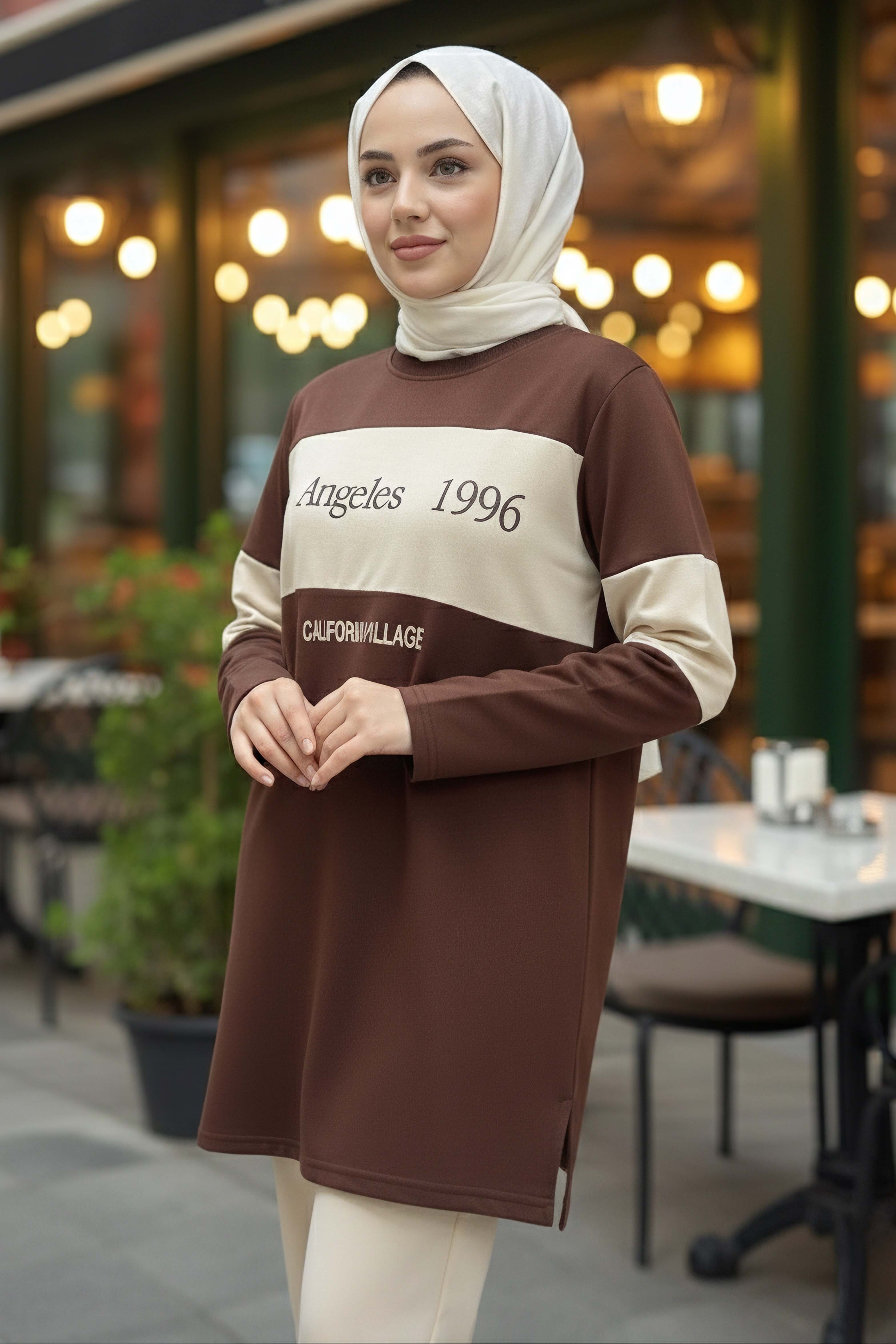 Yırtmaçlı Baskılı Tunik - 2073-KAHVE - 2