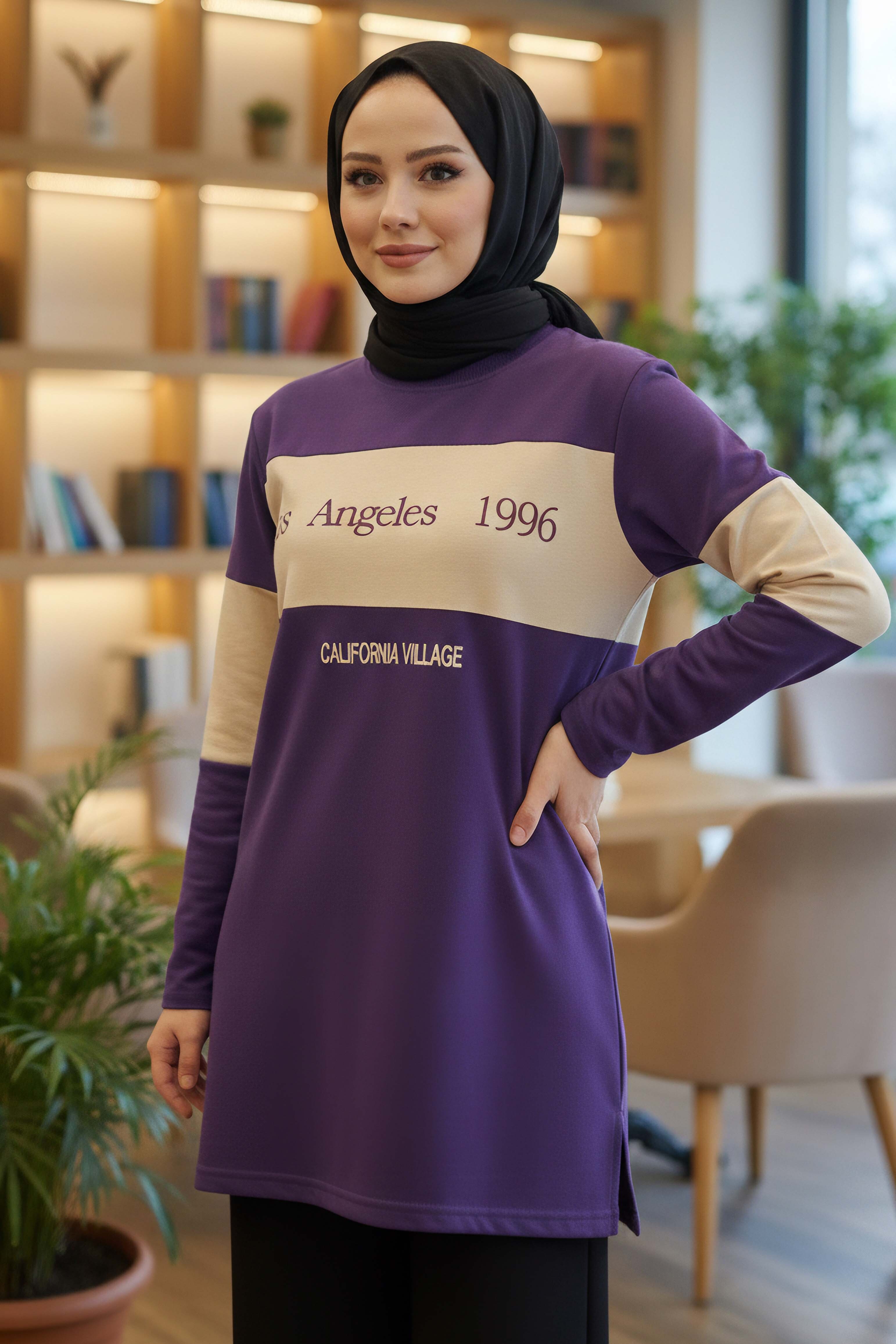 Yırtmaçlı Baskılı Tunik - 2073-MOR - 1