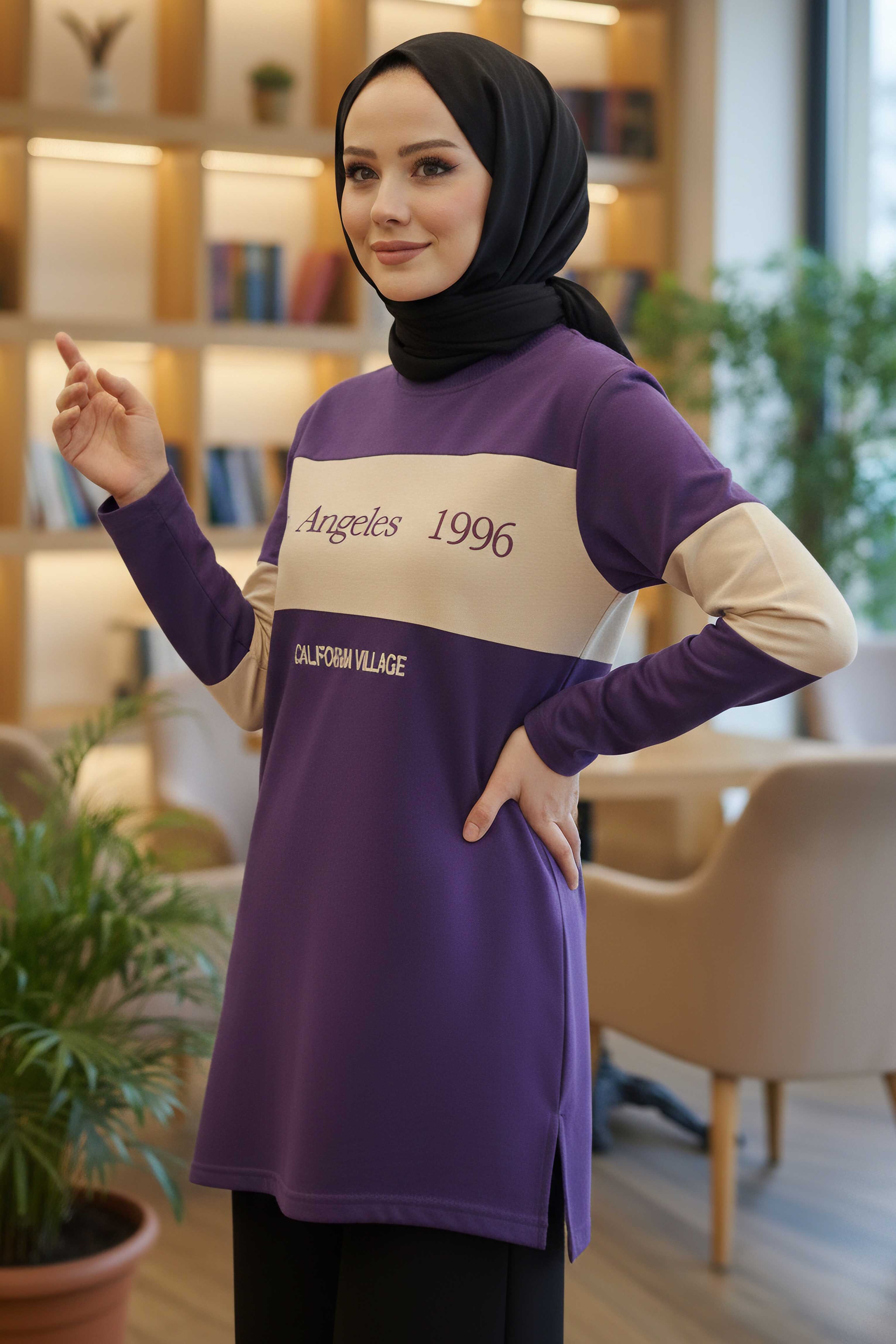 Yırtmaçlı Baskılı Tunik - 2073-MOR - 2