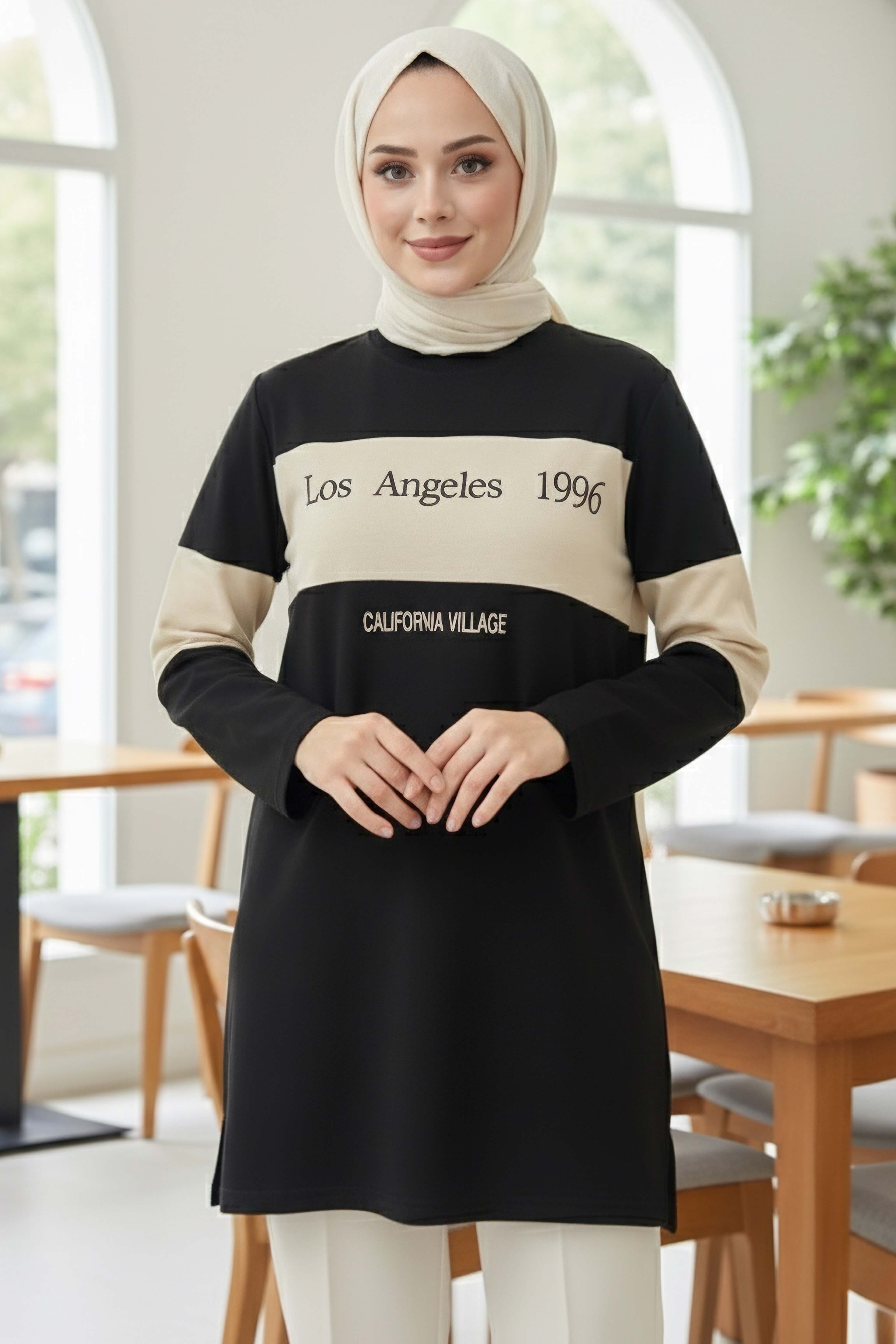 Yırtmaçlı Baskılı Tunik - 2073-SIYAH - 2