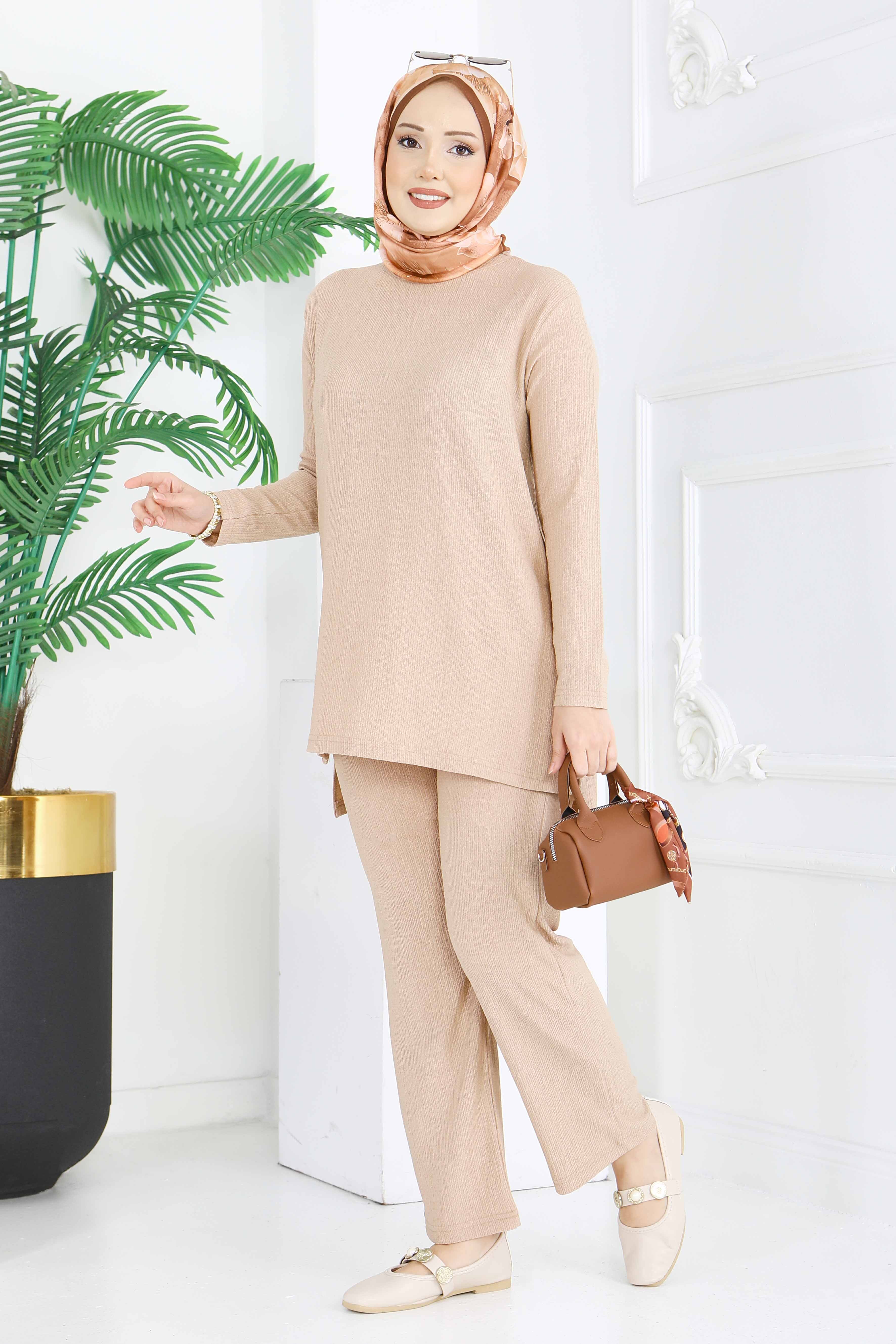 Yırtmaçlı Bürümcük İkili Takım - 2039-BEJ - 1