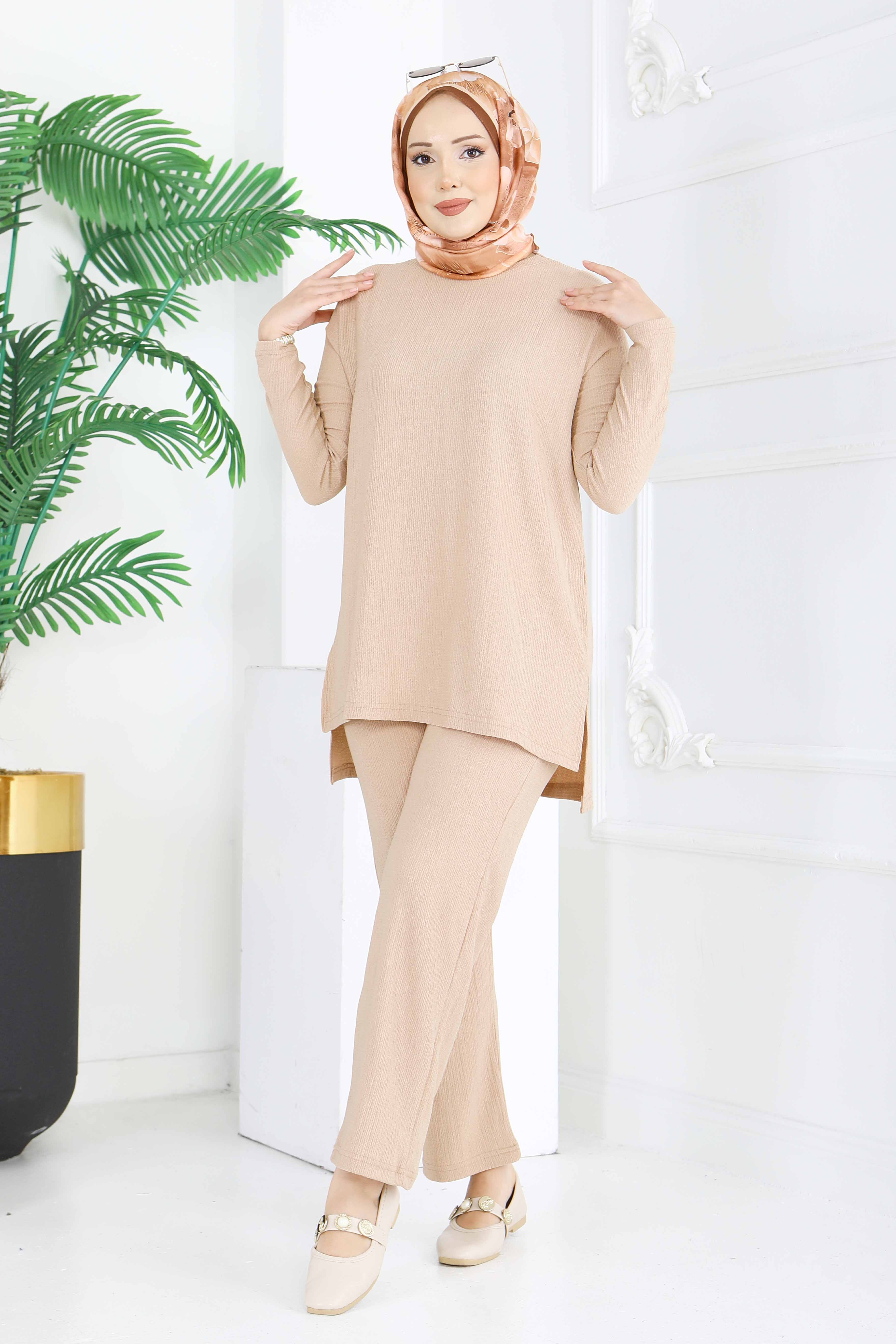 Yırtmaçlı Bürümcük İkili Takım - 2039-BEJ - 2