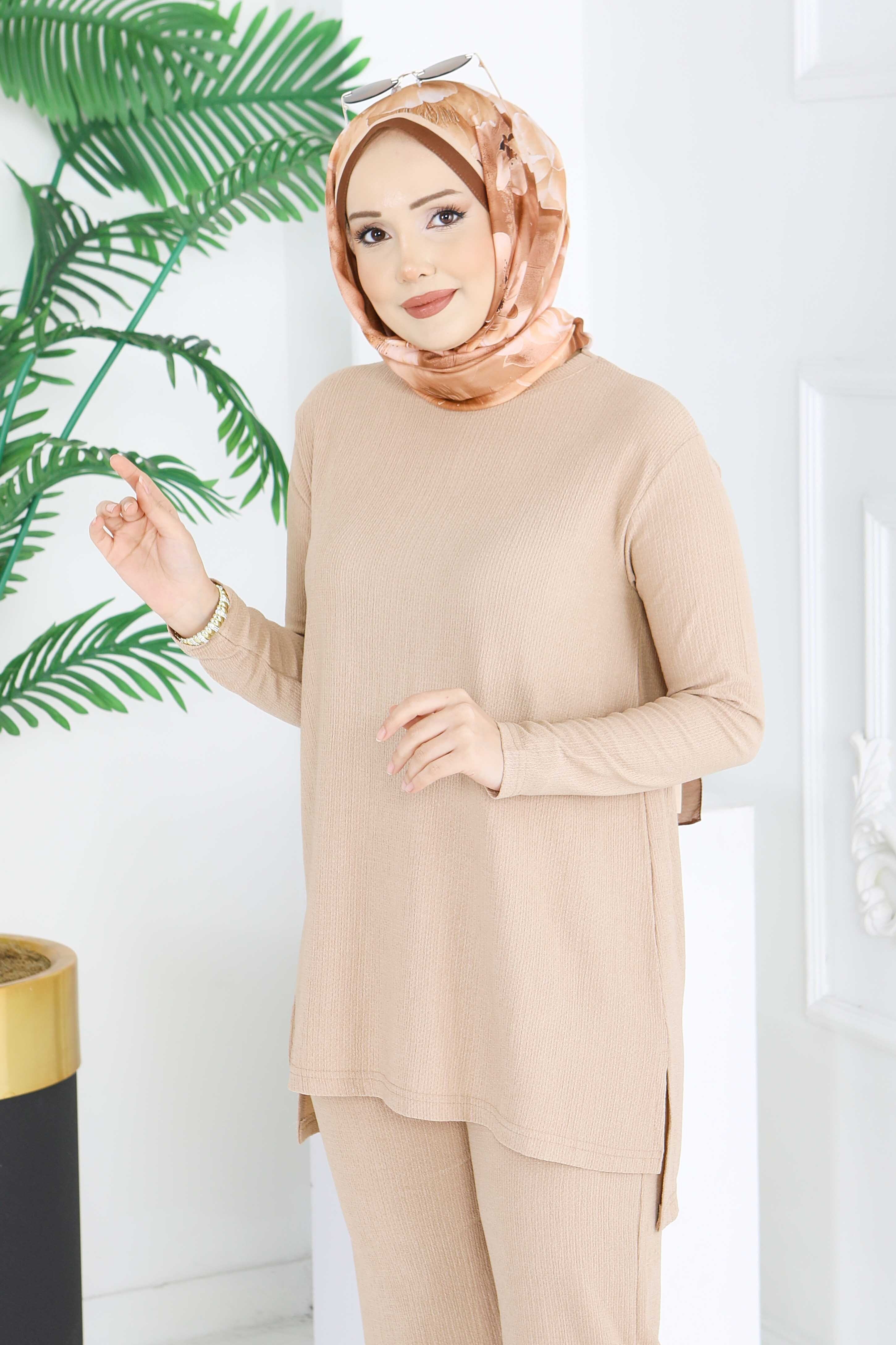 Yırtmaçlı Bürümcük İkili Takım - 2039-BEJ - 3