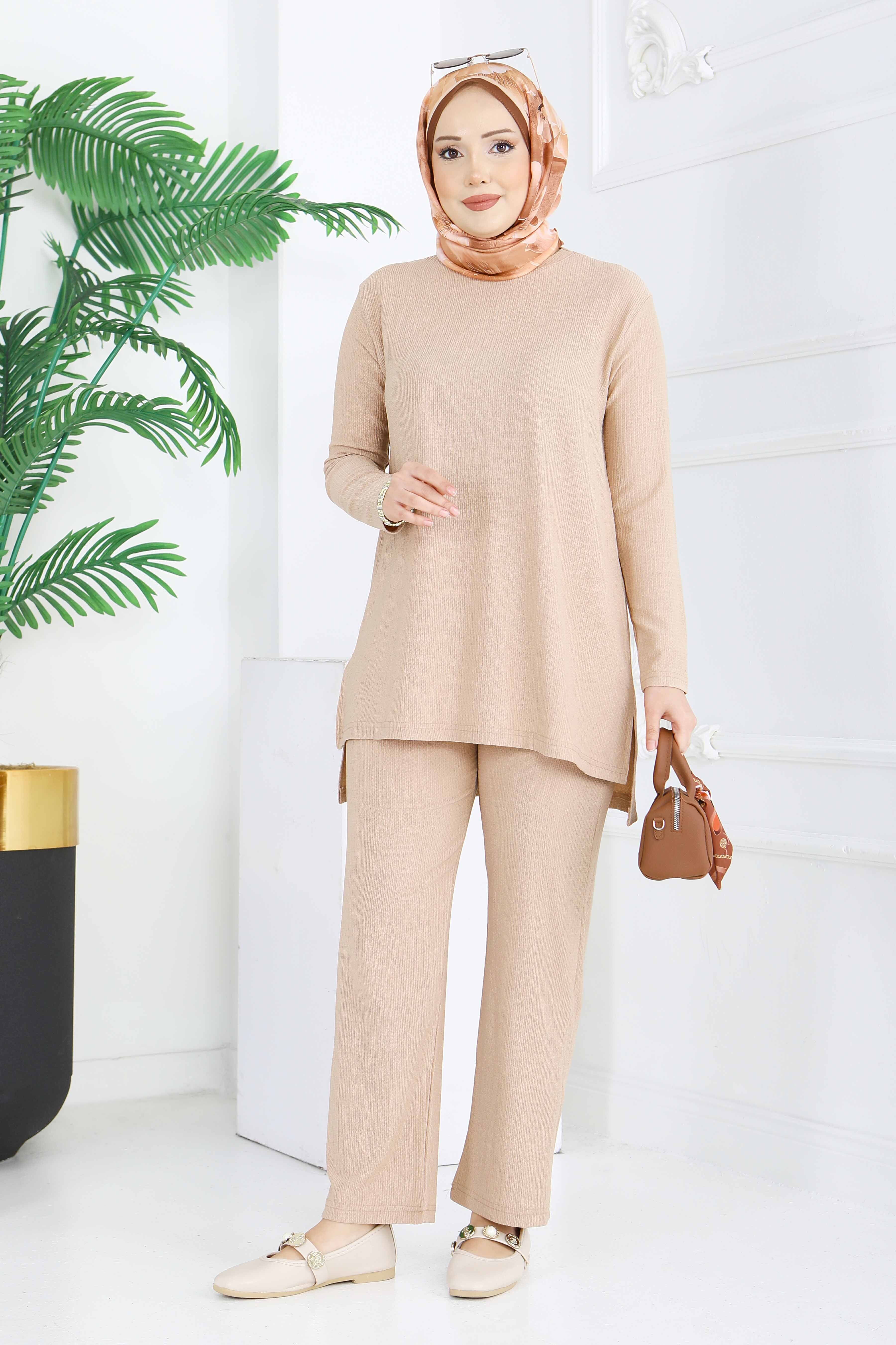 Yırtmaçlı Bürümcük İkili Takım - 2039-BEJ - 4