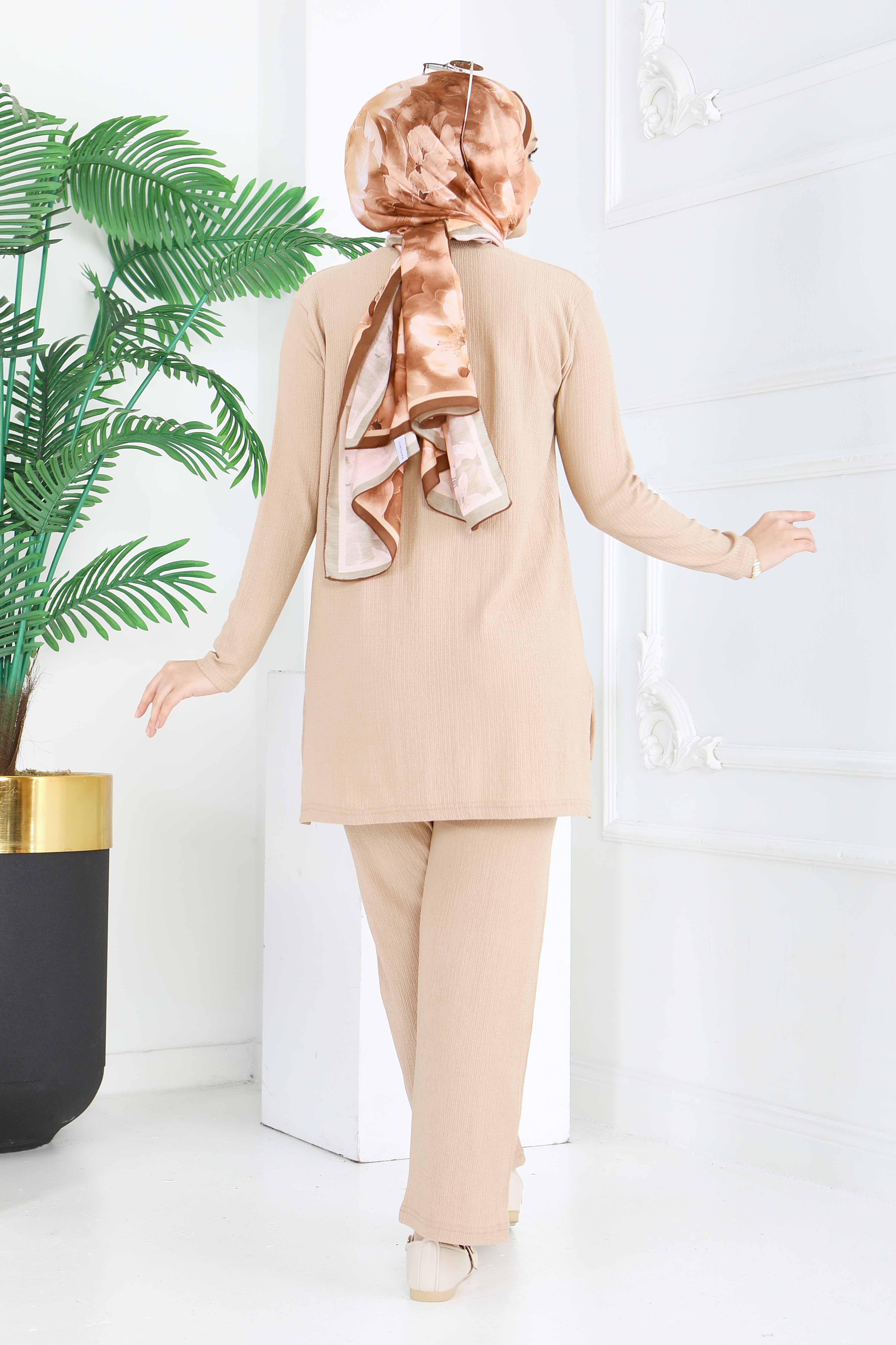 Yırtmaçlı Bürümcük İkili Takım - 2039-BEJ - 5