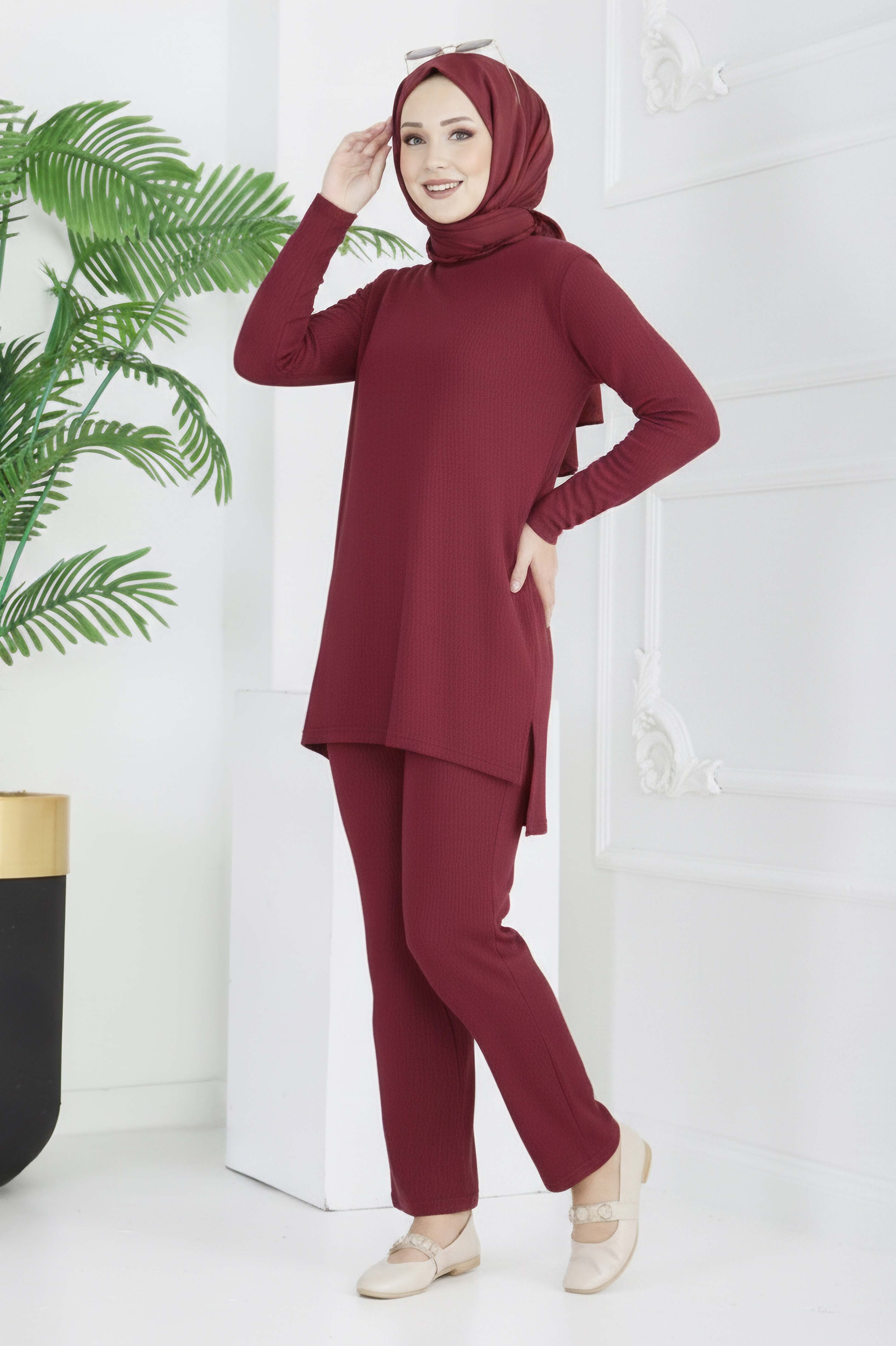 Yırtmaçlı Bürümcük İkili Takım - 2039-BORDO - 1