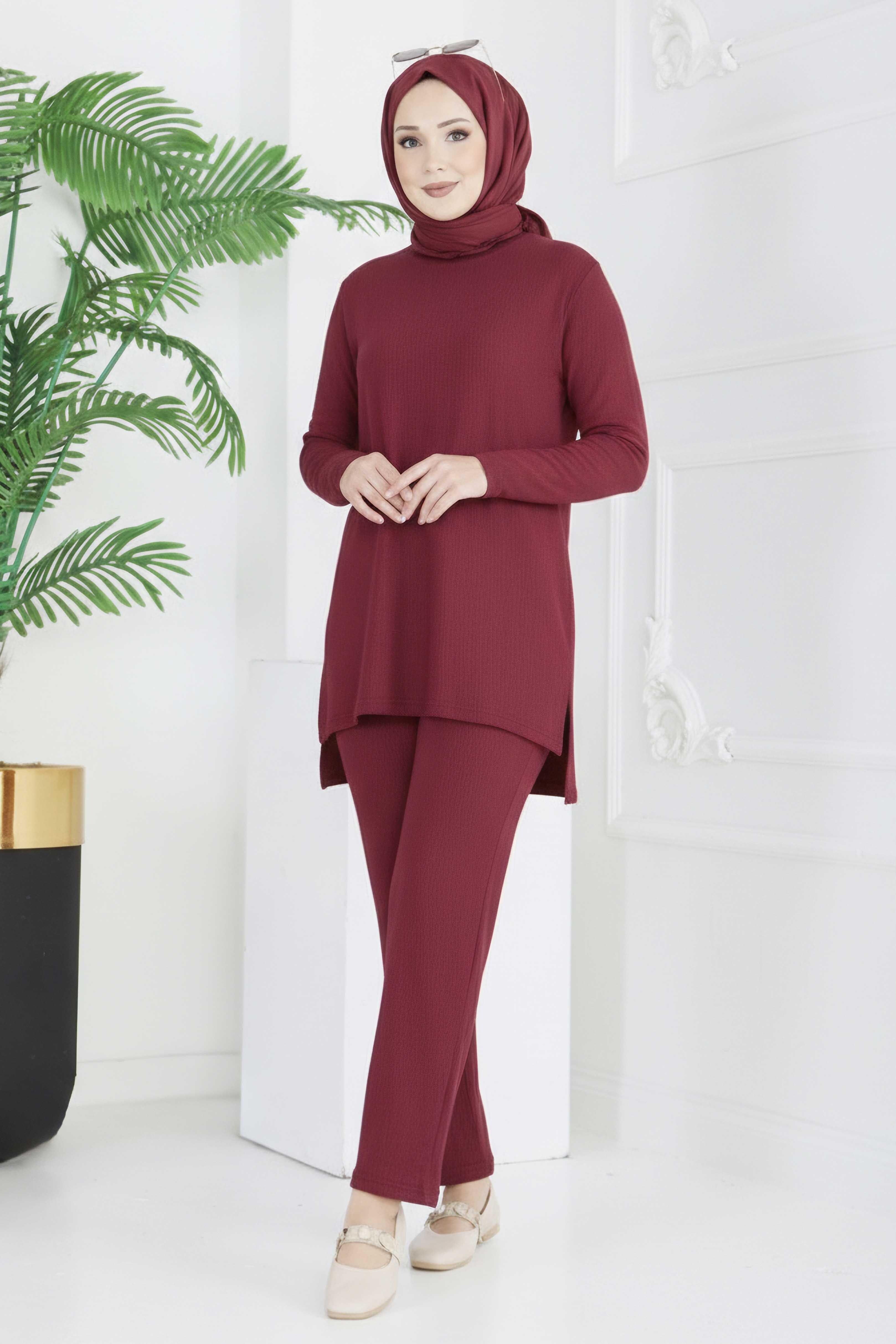 Yırtmaçlı Bürümcük İkili Takım - 2039-BORDO - 2