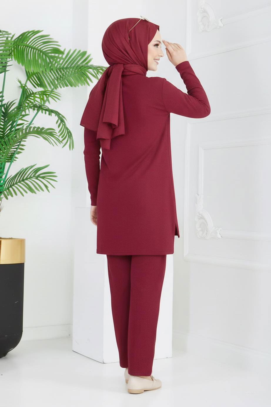 Yırtmaçlı Bürümcük İkili Takım - 2039-BORDO - 3