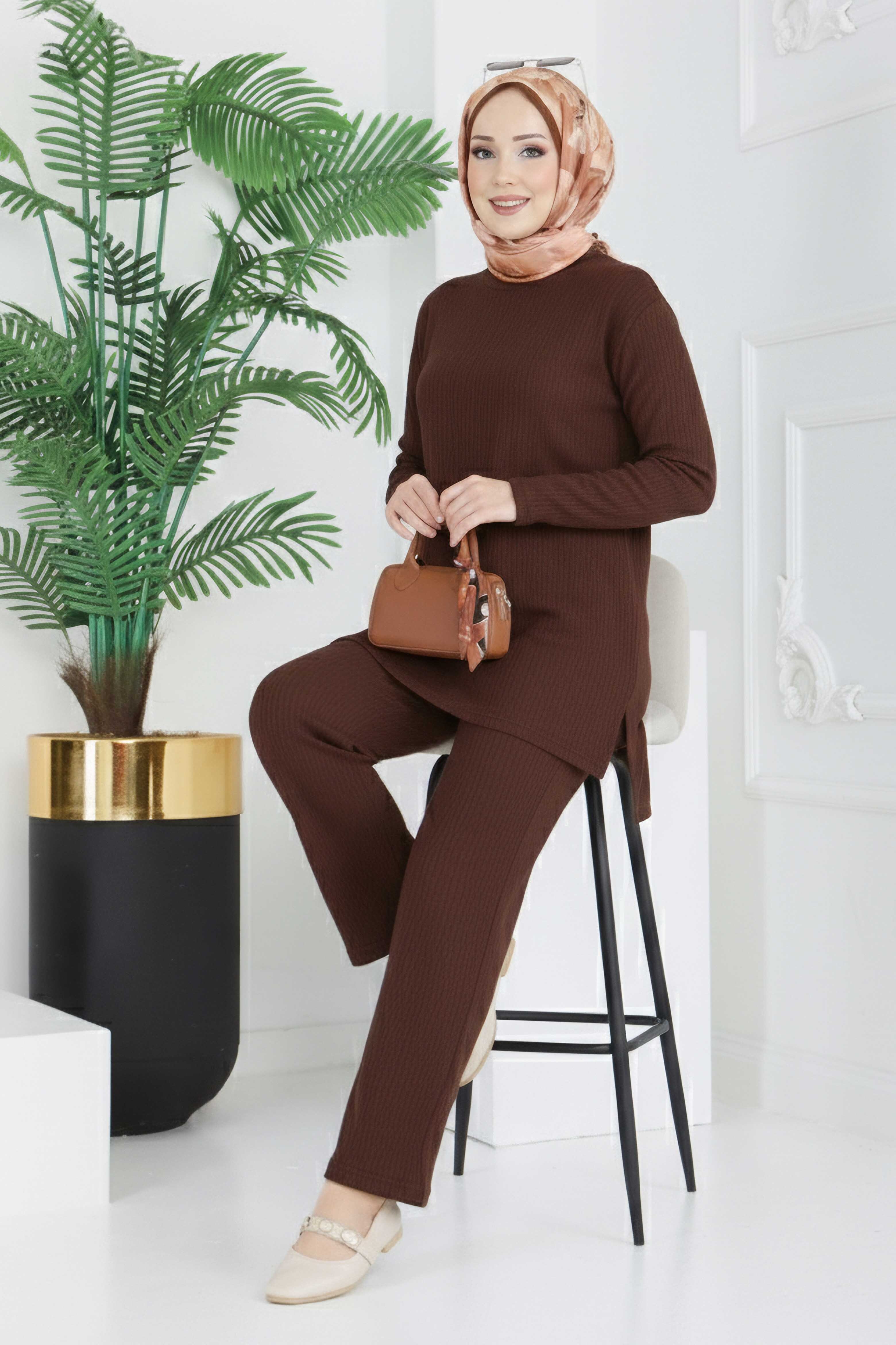 Yırtmaçlı Bürümcük İkili Takım - 2039-KAHVE - 1