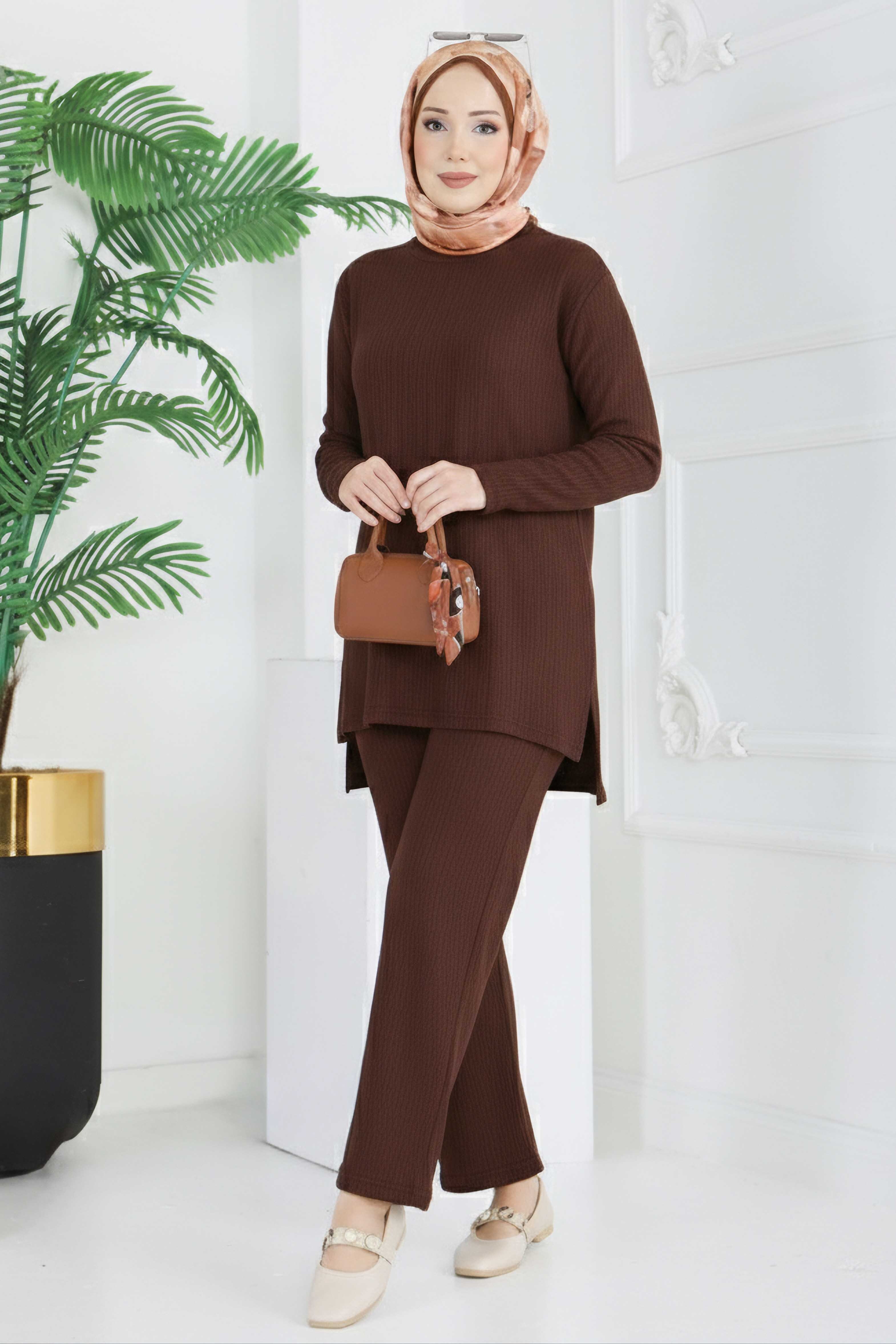 Yırtmaçlı Bürümcük İkili Takım - 2039-KAHVE - 2