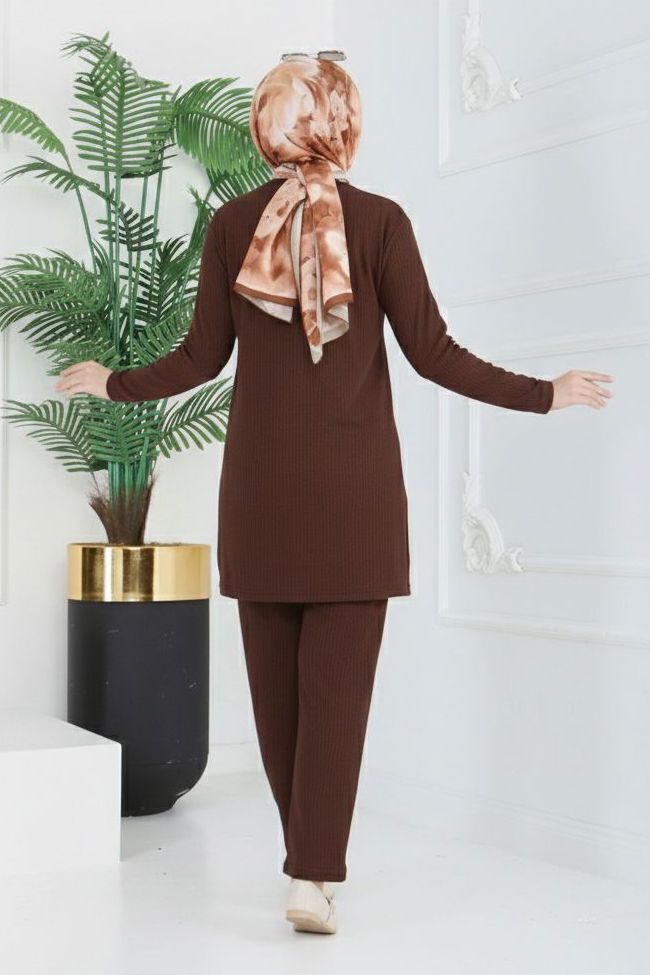 Yırtmaçlı Bürümcük İkili Takım - 2039-KAHVE - 3