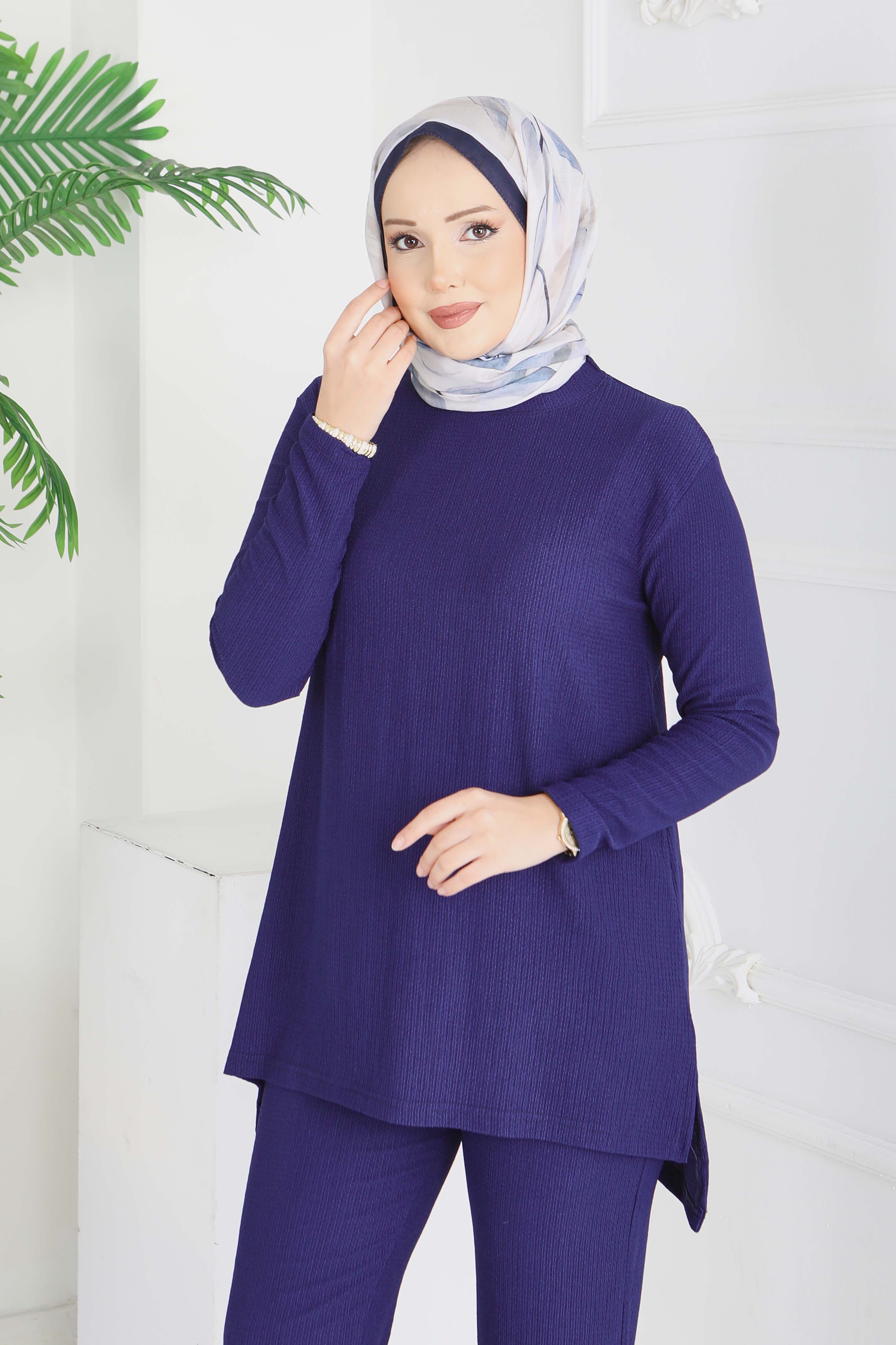 Yırtmaçlı Bürümcük İkili Takım - 2039-LACIVERT - 3