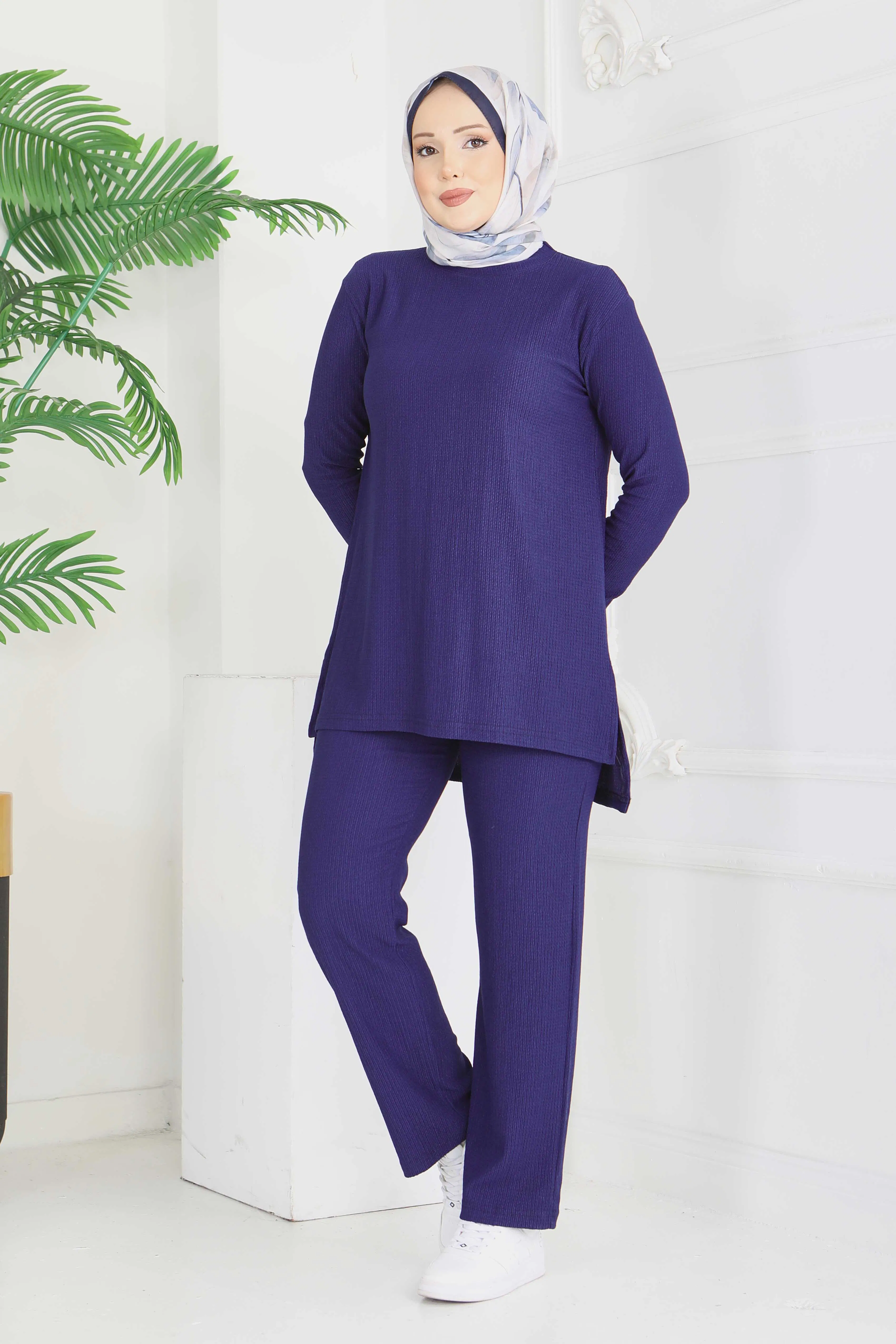 Yırtmaçlı Bürümcük İkili Takım - 2039-LACIVERT - 2