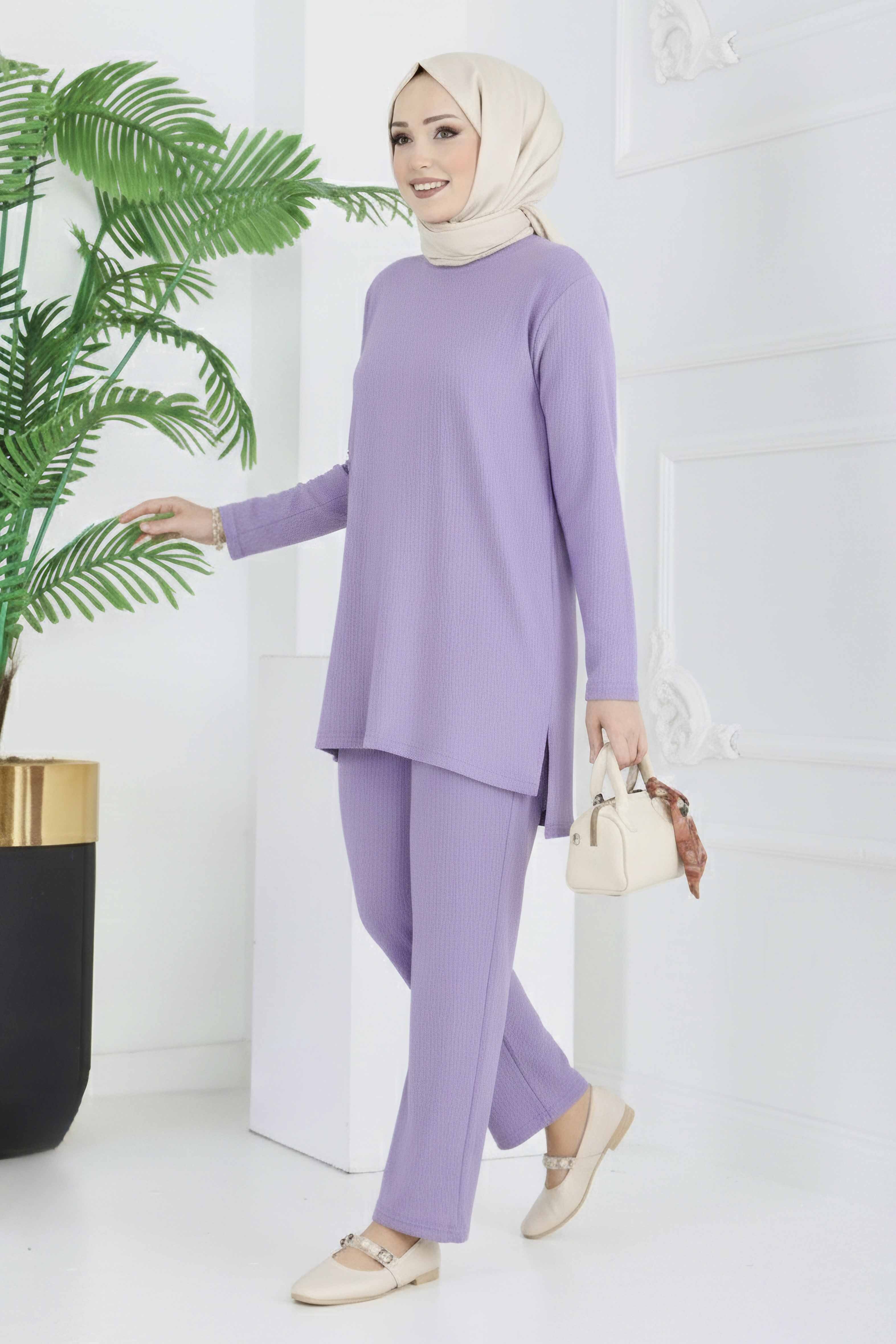 Yırtmaçlı Bürümcük İkili Takım - 2039-LILA - 1