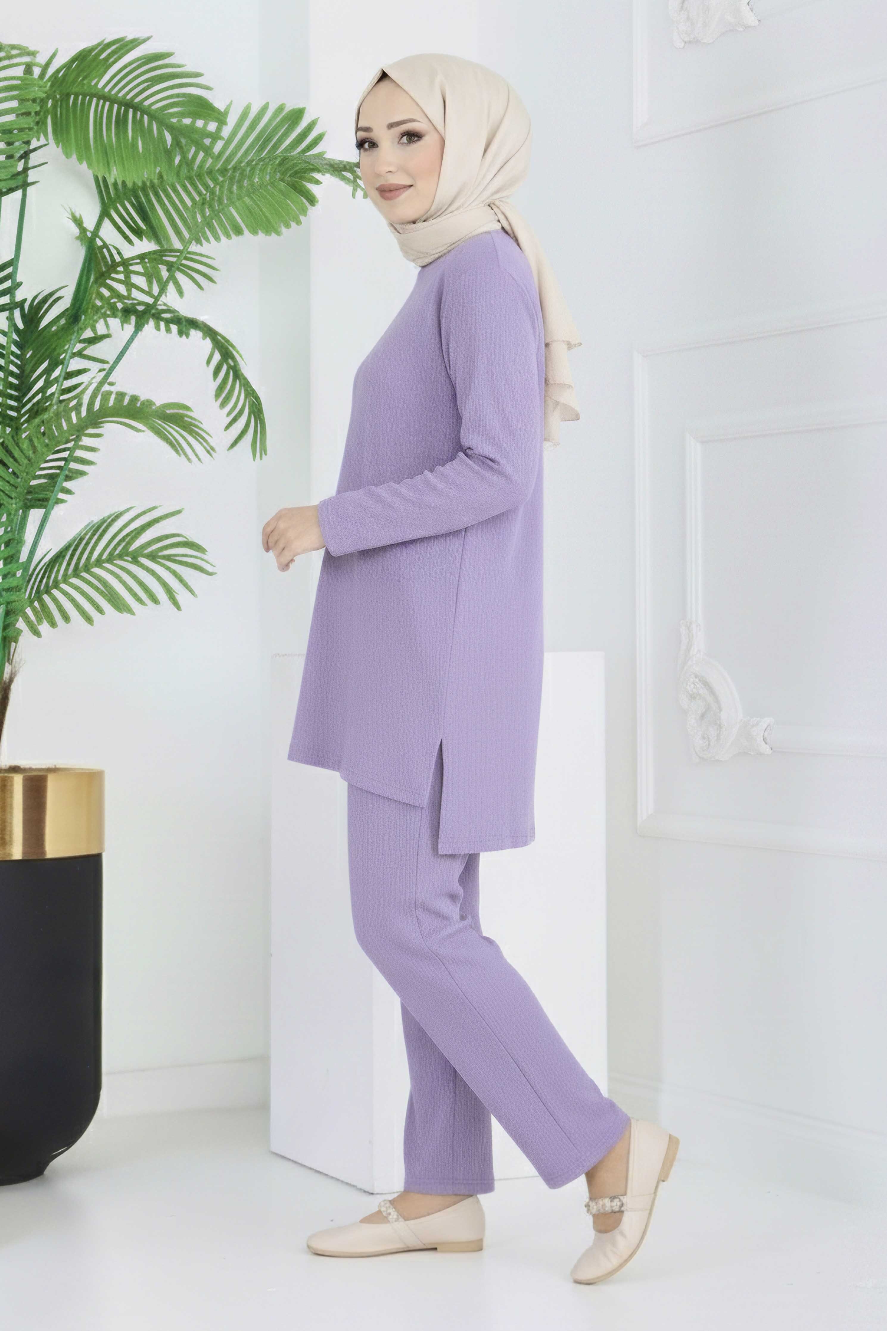 Yırtmaçlı Bürümcük İkili Takım - 2039-LILA - 2