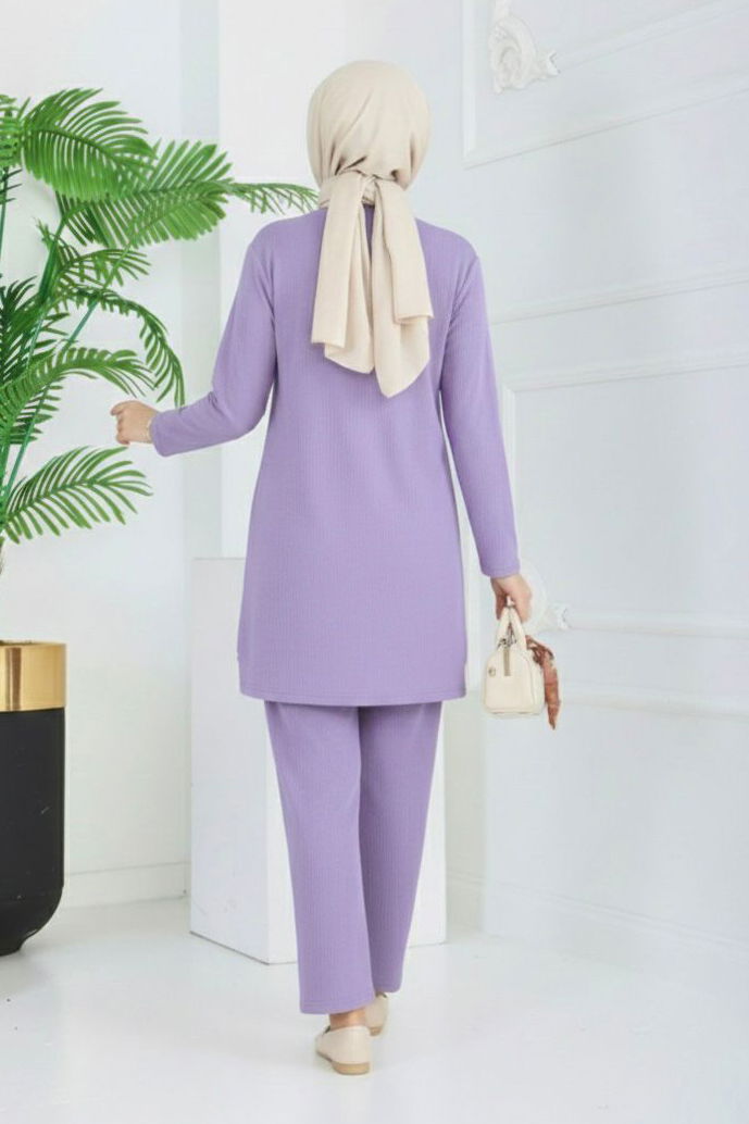 Yırtmaçlı Bürümcük İkili Takım - 2039-LILA - 3