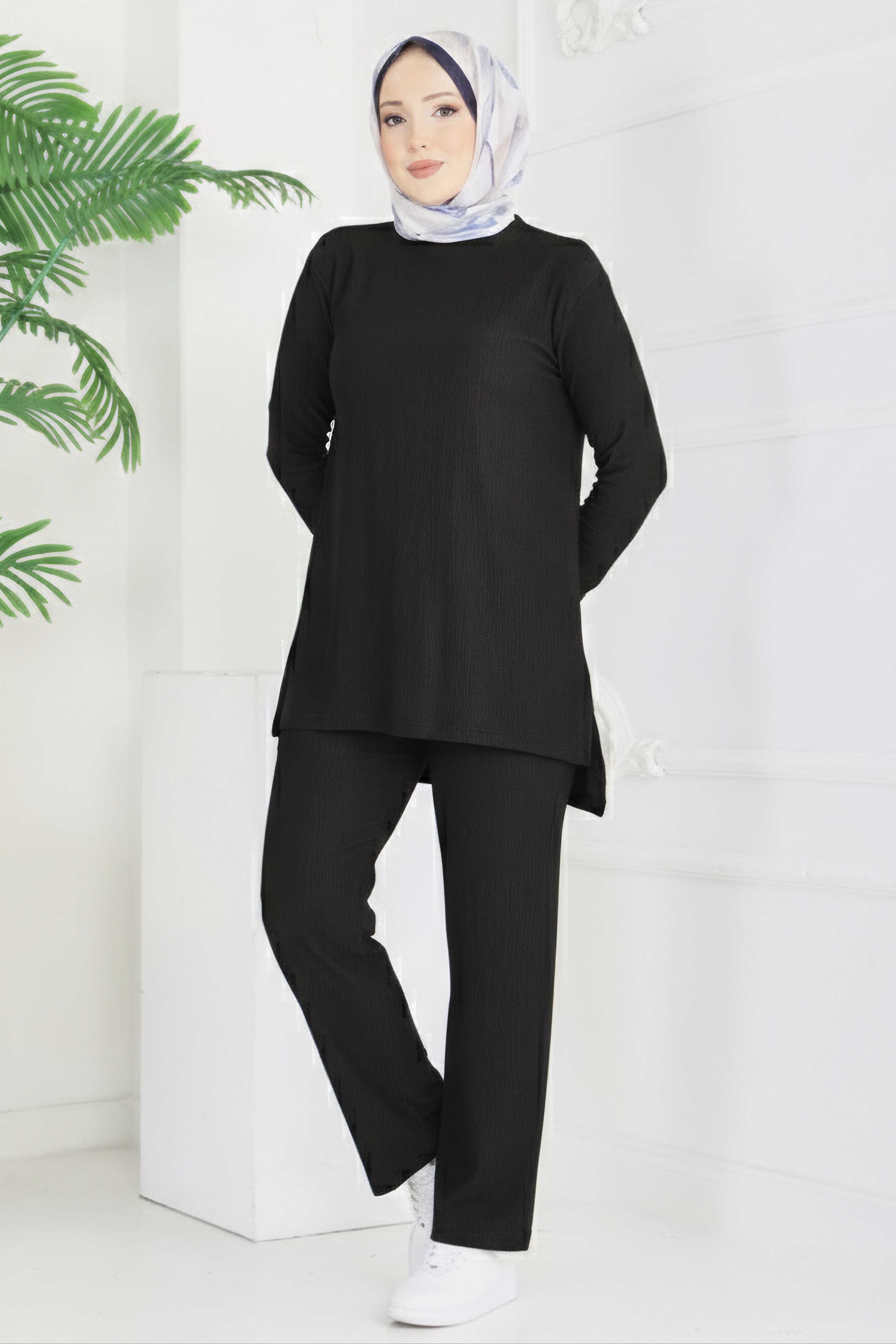 Yırtmaçlı Bürümcük İkili Takım - 2039-SIYAH - 2