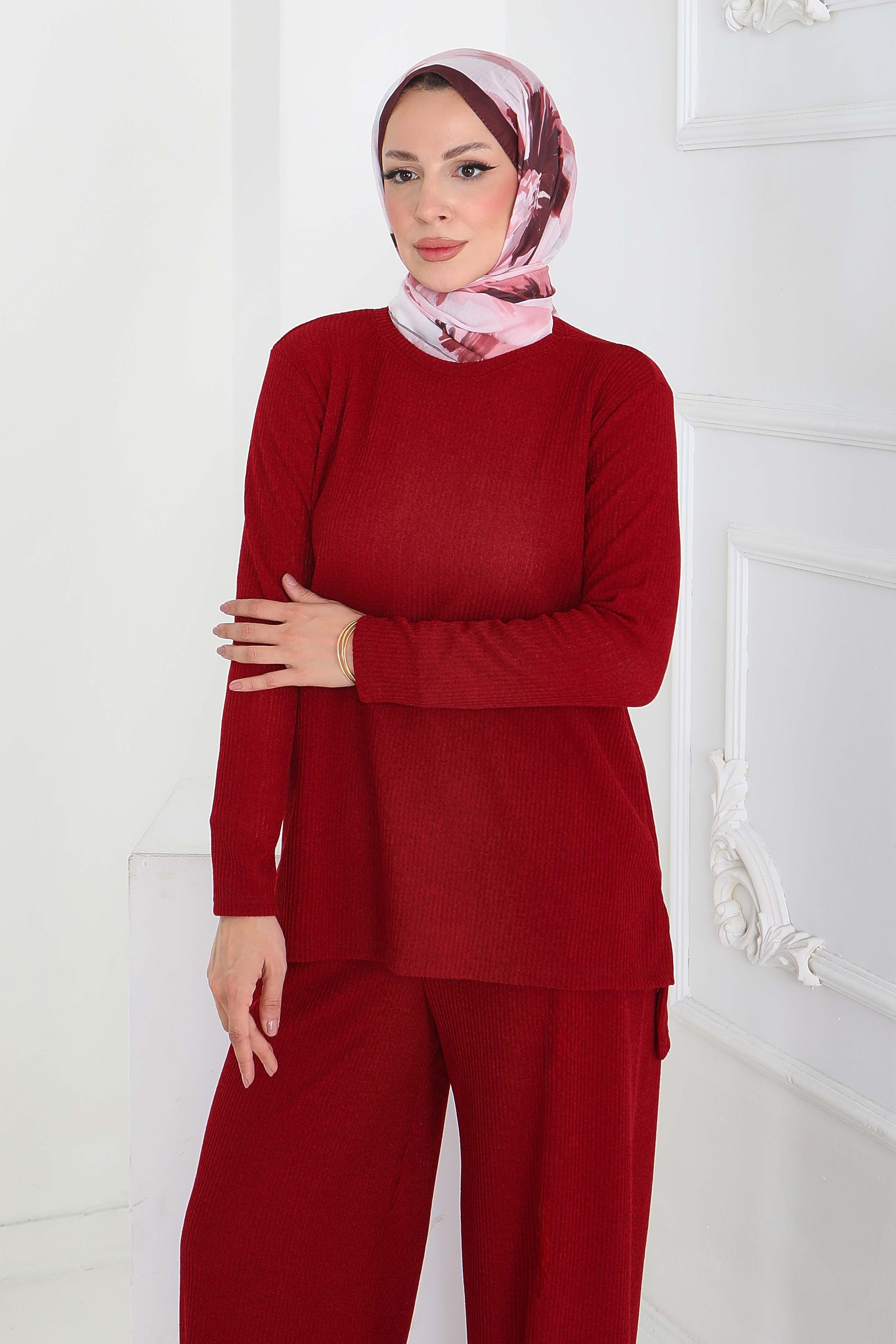 Yırtmaçlı Fitilli Kaşkorse İkili Takım - 27949-BORDO - 2