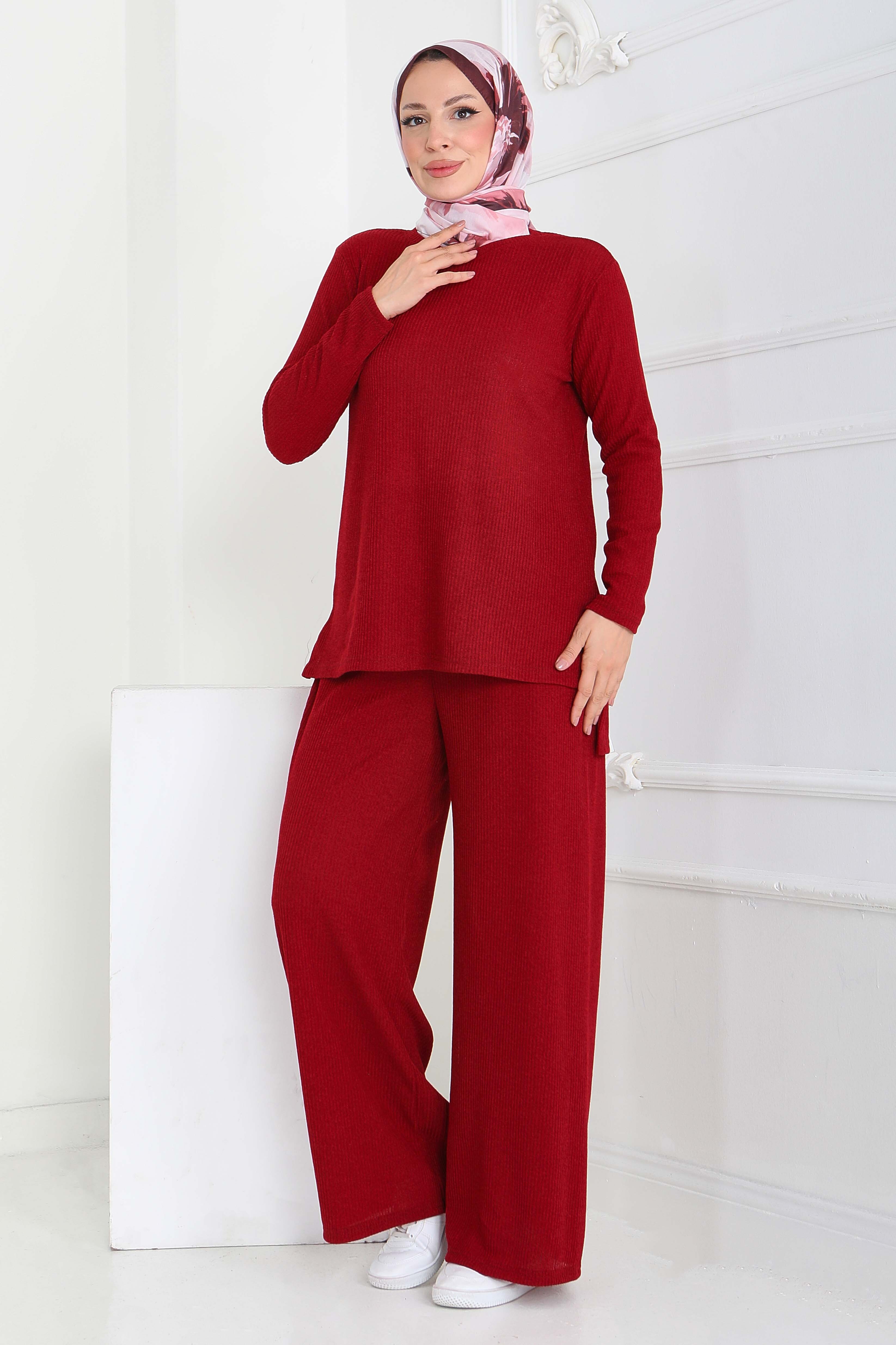 Yırtmaçlı Fitilli Kaşkorse İkili Takım - 27949-BORDO - 3
