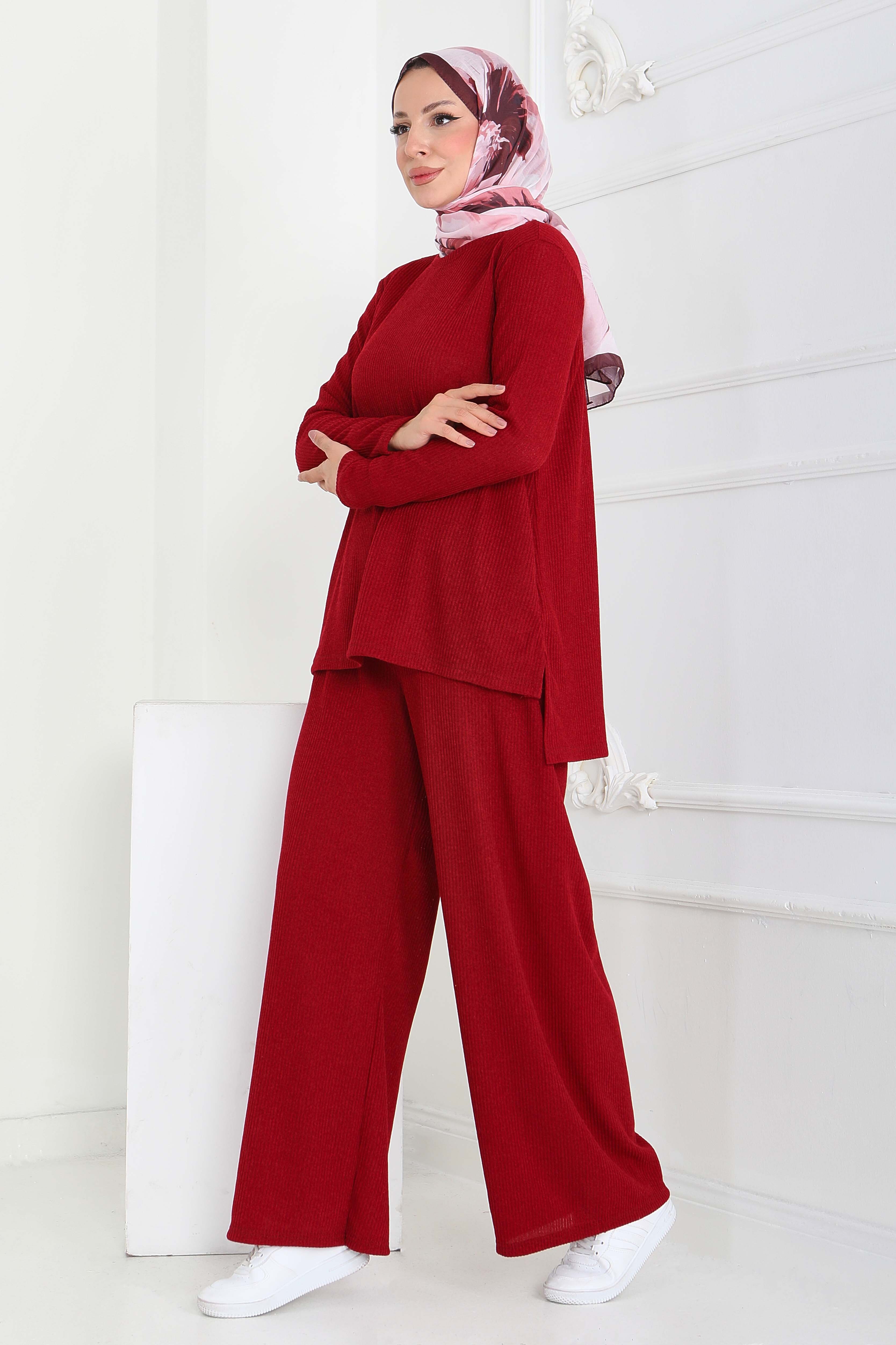 Yırtmaçlı Fitilli Kaşkorse İkili Takım - 27949-BORDO - 4