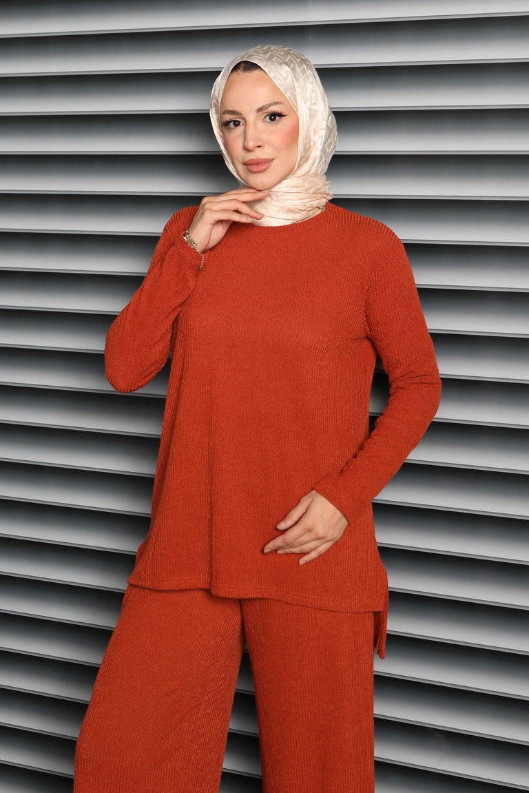 Yırtmaçlı Fitilli Kaşkorse İkili Takım - 27949-KIREMIT - TOFİSA