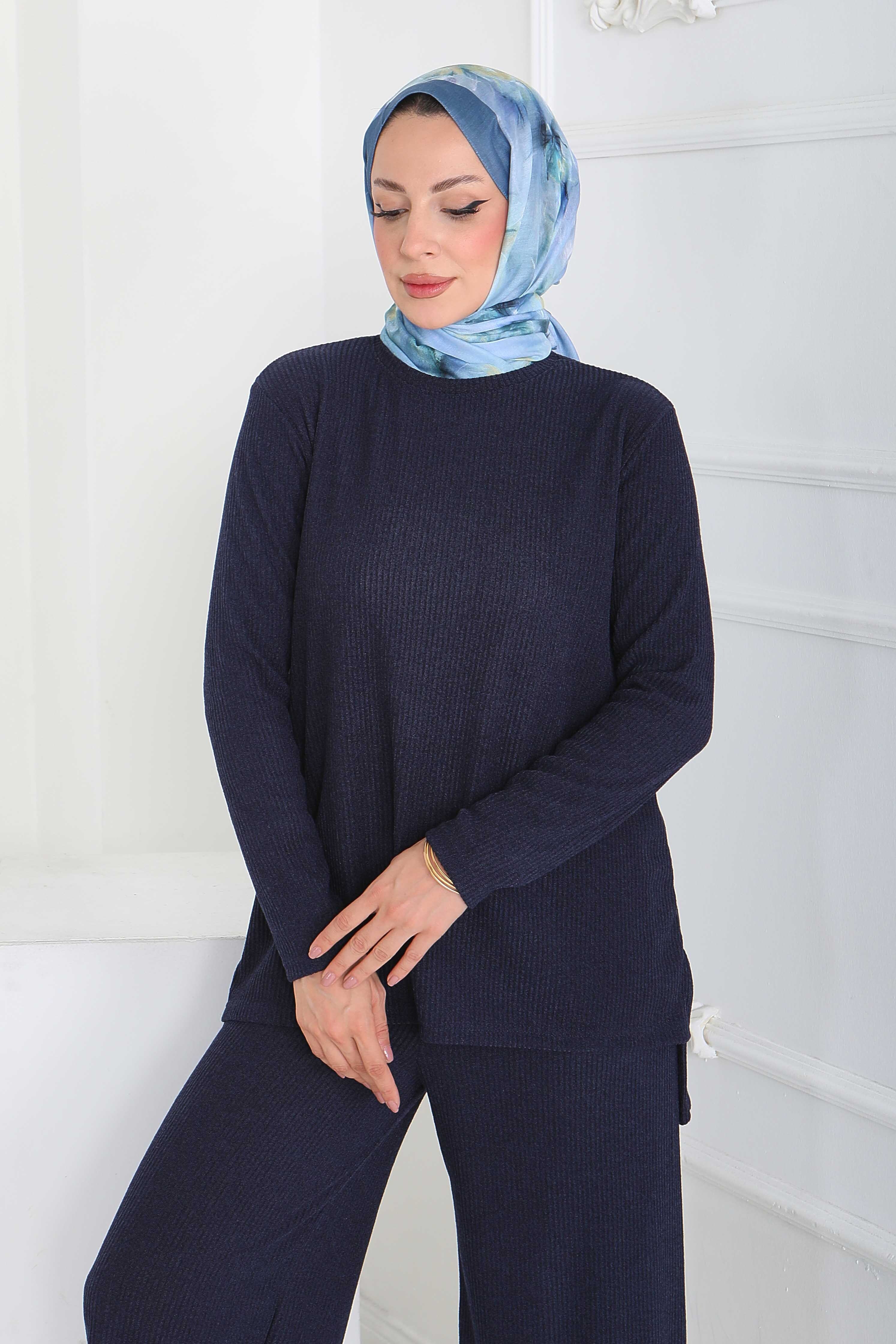 Yırtmaçlı Fitilli Kaşkorse İkili Takım - 27949-LACIVERT - 2