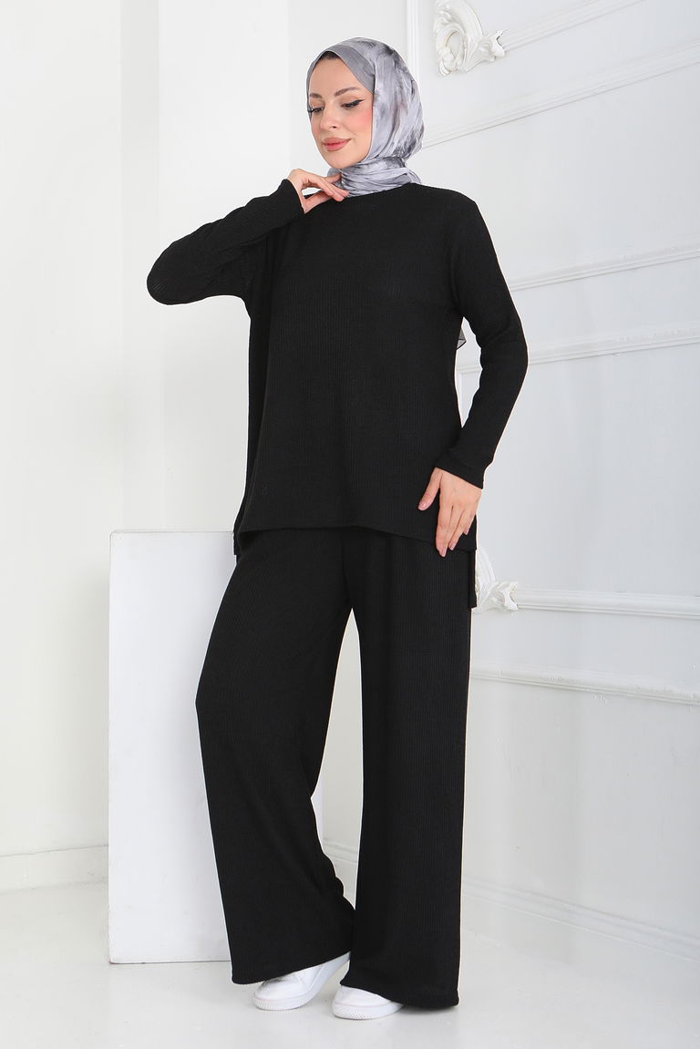 Yırtmaçlı Fitilli Kaşkorse İkili Takım - 27949-SIYAH - TOFİSA