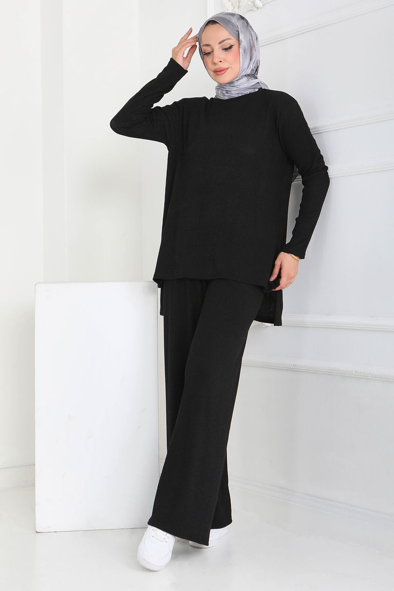 Yırtmaçlı Fitilli Kaşkorse İkili Takım - 27949-SIYAH - TOFİSA