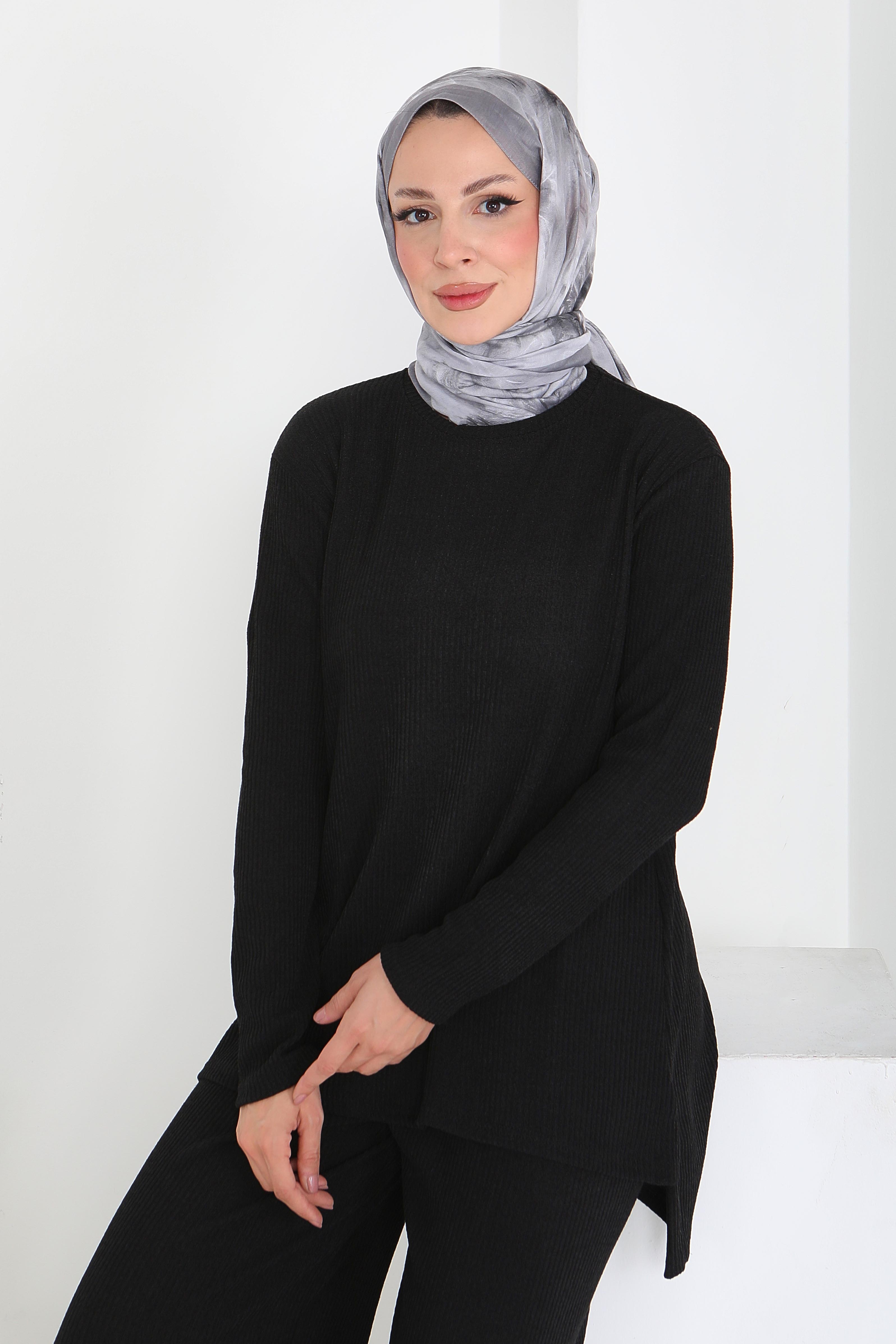 Yırtmaçlı Fitilli Kaşkorse İkili Takım - 27949-SIYAH - 4