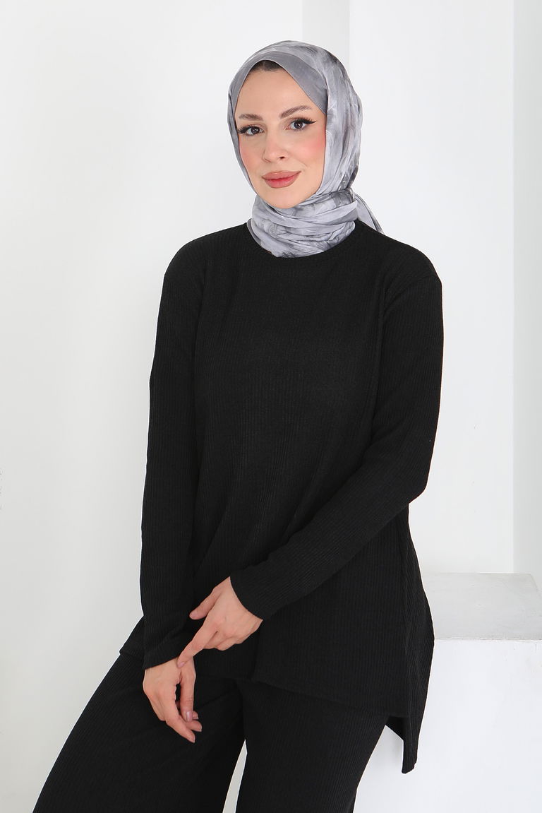 Yırtmaçlı Fitilli Kaşkorse İkili Takım - 27949-SIYAH - TOFİSA