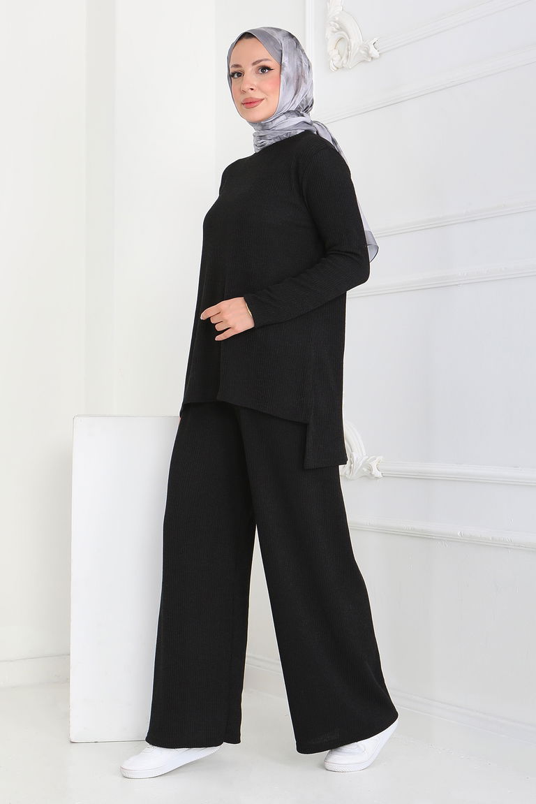 Yırtmaçlı Fitilli Kaşkorse İkili Takım - 27949-SIYAH - TOFİSA