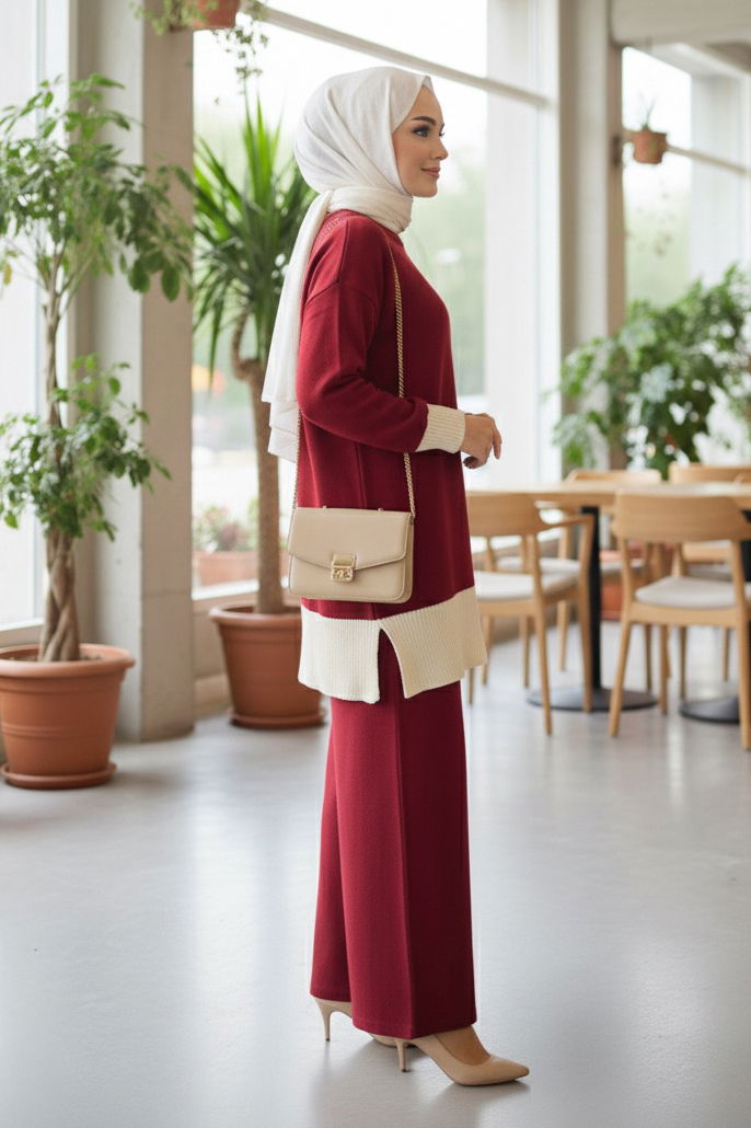 Yırtmaçlı Fitilli Triko İkili Takım - 27954-BORDO - TOFİSA