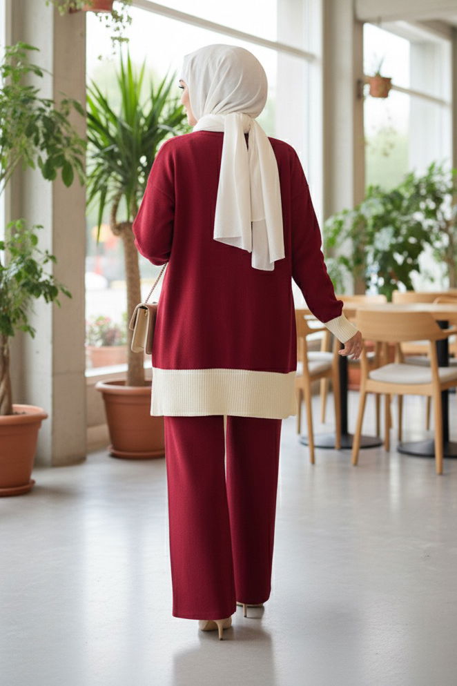 Yırtmaçlı Fitilli Triko İkili Takım - 27954-BORDO - 3