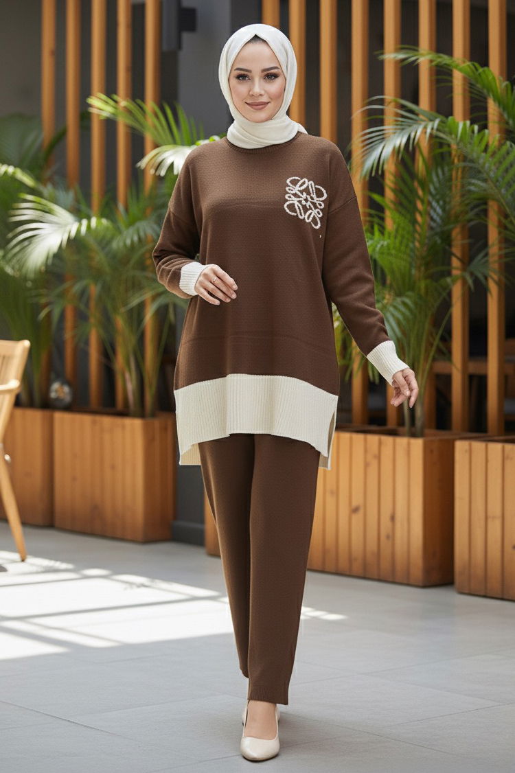 Yırtmaçlı Fitilli Triko İkili Takım - 27954-KAHVE - 1