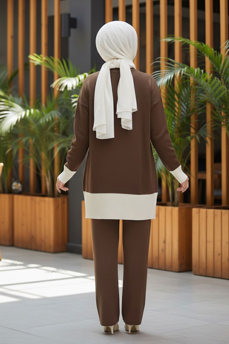 Yırtmaçlı Fitilli Triko İkili Takım - 27954-KAHVE - TOFİSA