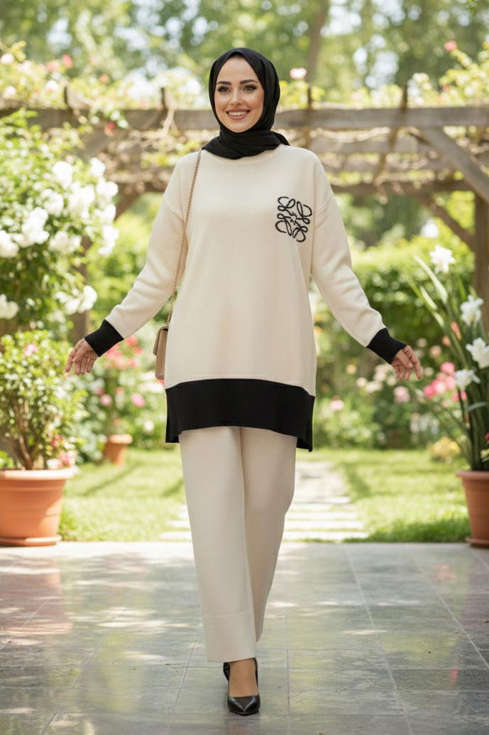 Yırtmaçlı Fitilli Triko İkili Takım - 27954-KREM - 1