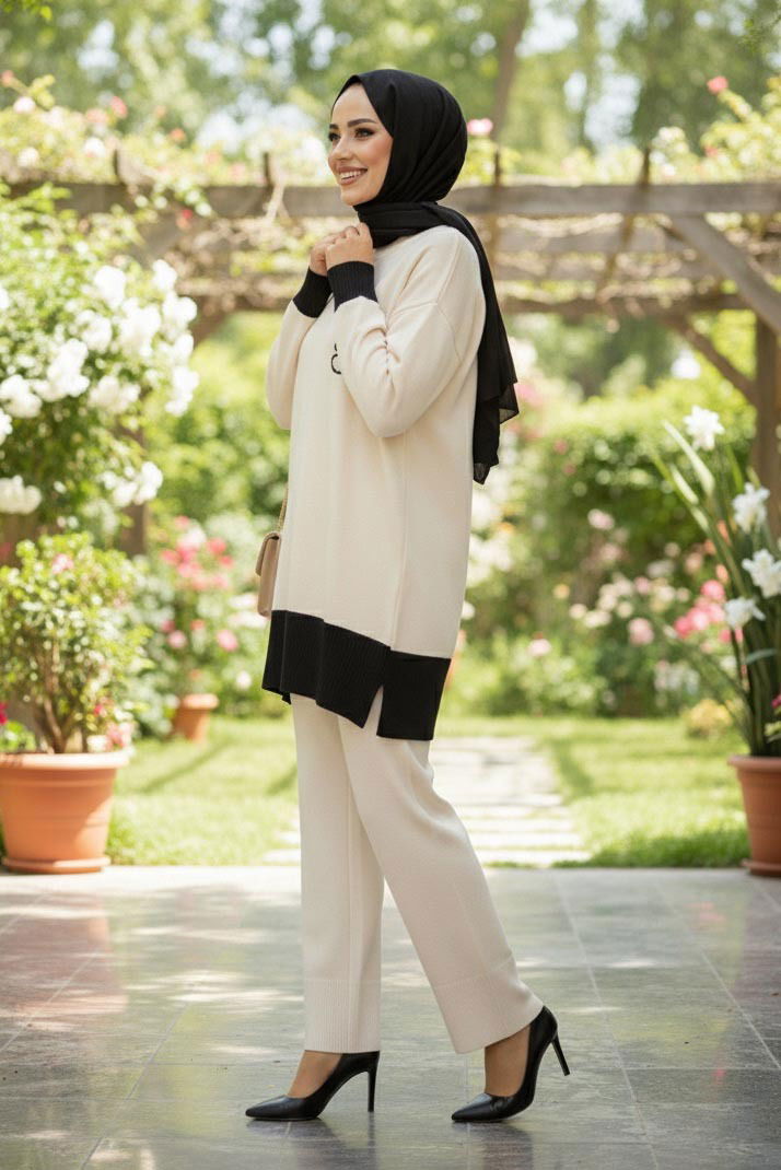 Yırtmaçlı Fitilli Triko İkili Takım - 27954-KREM - 2