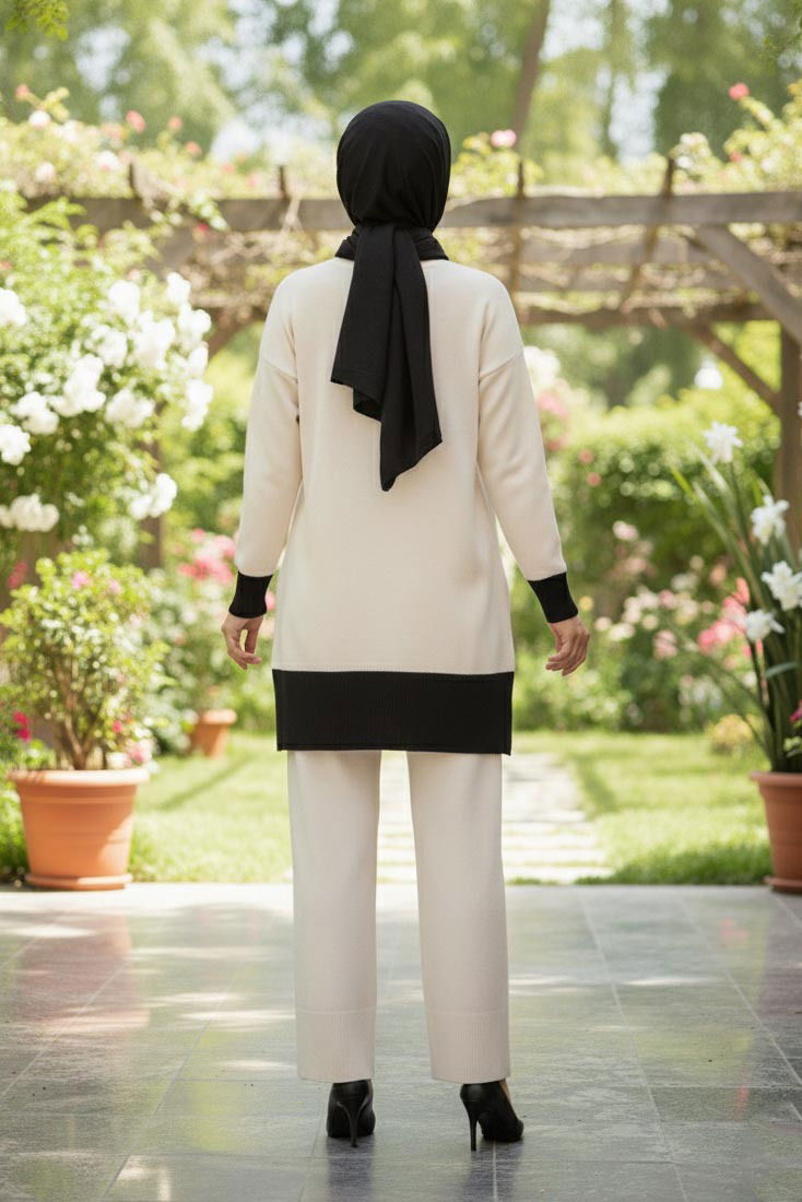 Yırtmaçlı Fitilli Triko İkili Takım - 27954-KREM - 3