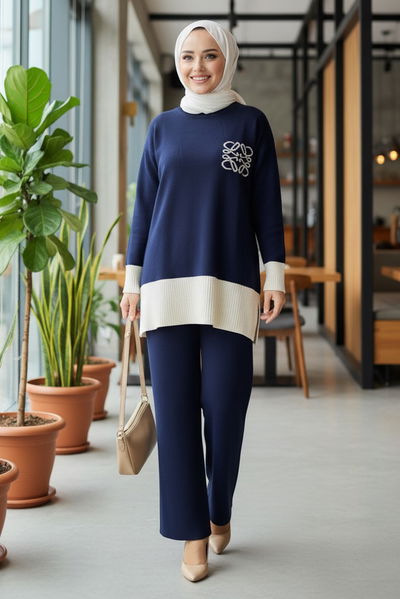 Yırtmaçlı Fitilli Triko İkili Takım - 27954-LACIVERT 