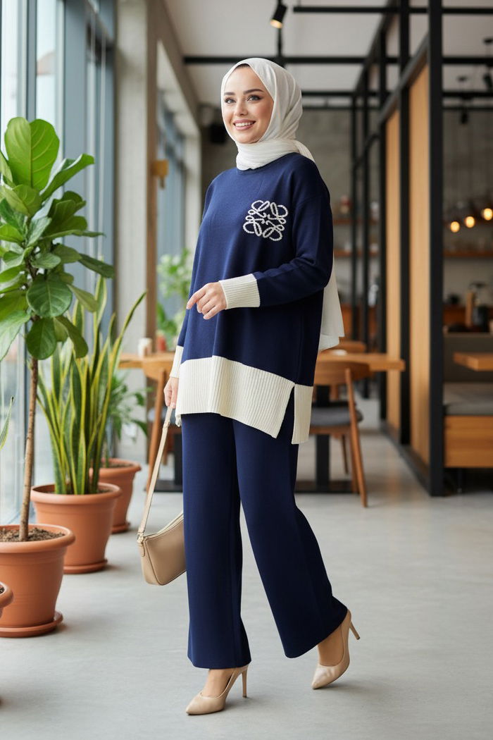 Yırtmaçlı Fitilli Triko İkili Takım - 27954-LACIVERT - TOFİSA