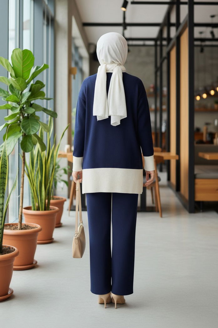 Yırtmaçlı Fitilli Triko İkili Takım - 27954-LACIVERT - TOFİSA